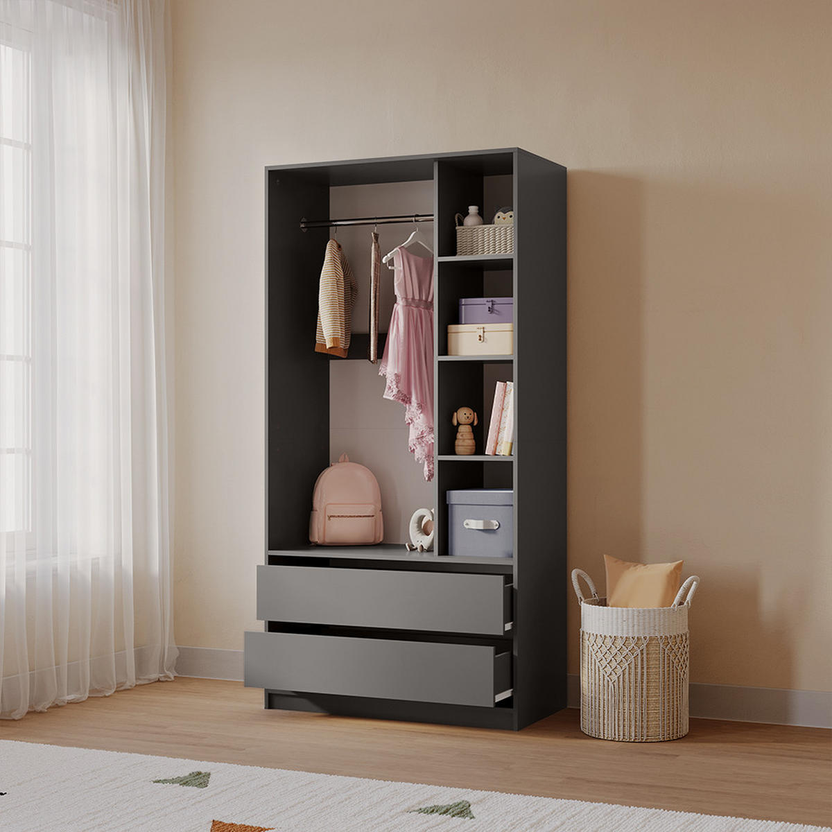 KINDERKLEIDERSCHRANK Trento Anthrazit 100 x 200 cm mit 2 Schubladen - Anthrazit, Holzwerkstoff (100/200/50cm) - Livinity®