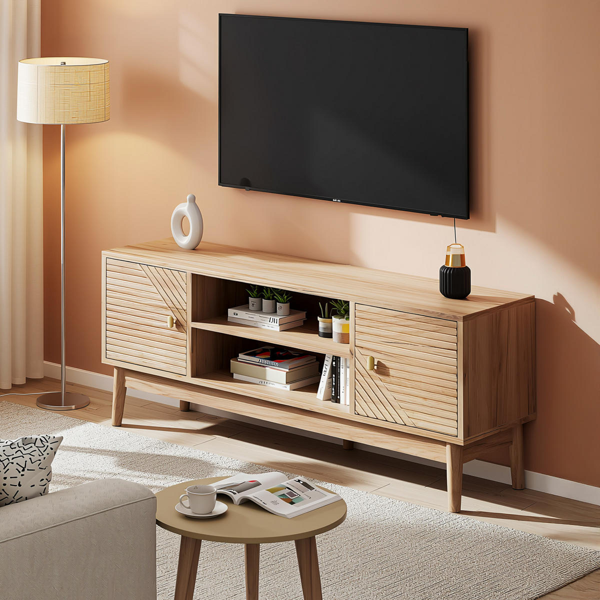 TV-SCHRANK 110 cm Eiche Natur mit 2 Türen, offenen Fächern & Kabelmanagement im Mid-Century-Stil - Eichefarben, Holzwerkstoff (110/48/40cm) - Urban Meuble