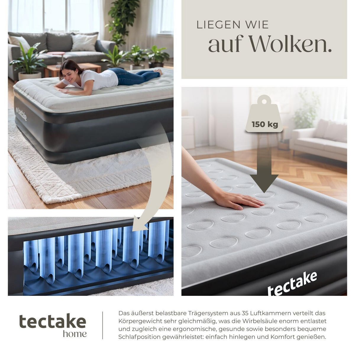 LUFTBETT aufblasbar Airdreams, inkl. manuellem Ventil und Tragebeutel, schwarz/weiß - Schwarz/Weiß, Kunststoff - tectake