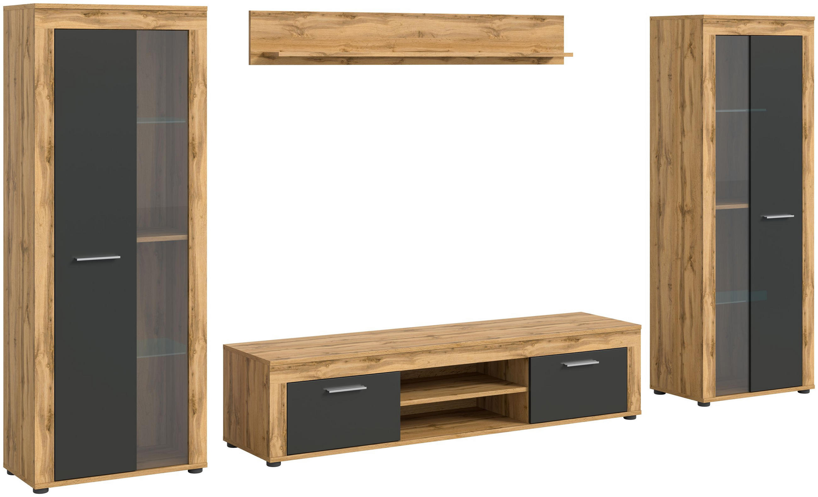 WOHNWAND Milo 4 tlg. (B/H/T: ca. 310/159/40 cm) in Wotan Eiche /grau - Eiche Wotan, Holzwerkstoff (310/159/40cm)