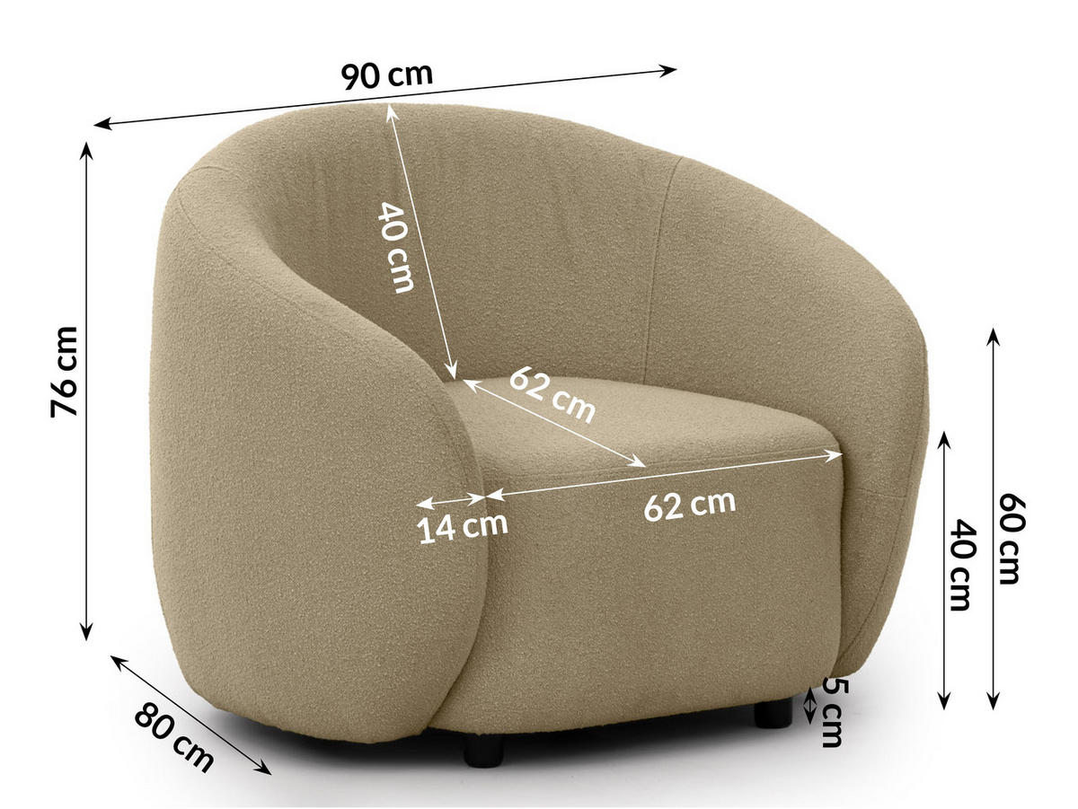 SITZGARNITUR 2+1 Roundi Beige Bouclé - Beige/Schwarz, Holz/Kunststoff (150/76/80cm) - S-Style Möbel