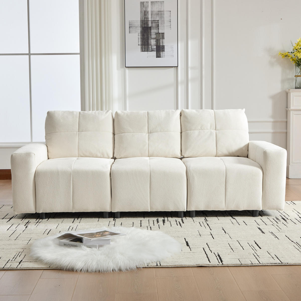 SOFA mit Schlaffunktion 213 cm Chenille Beige White 3-Sitzer - Beige, Kunststoff (213/84/94cm) - Meubliv