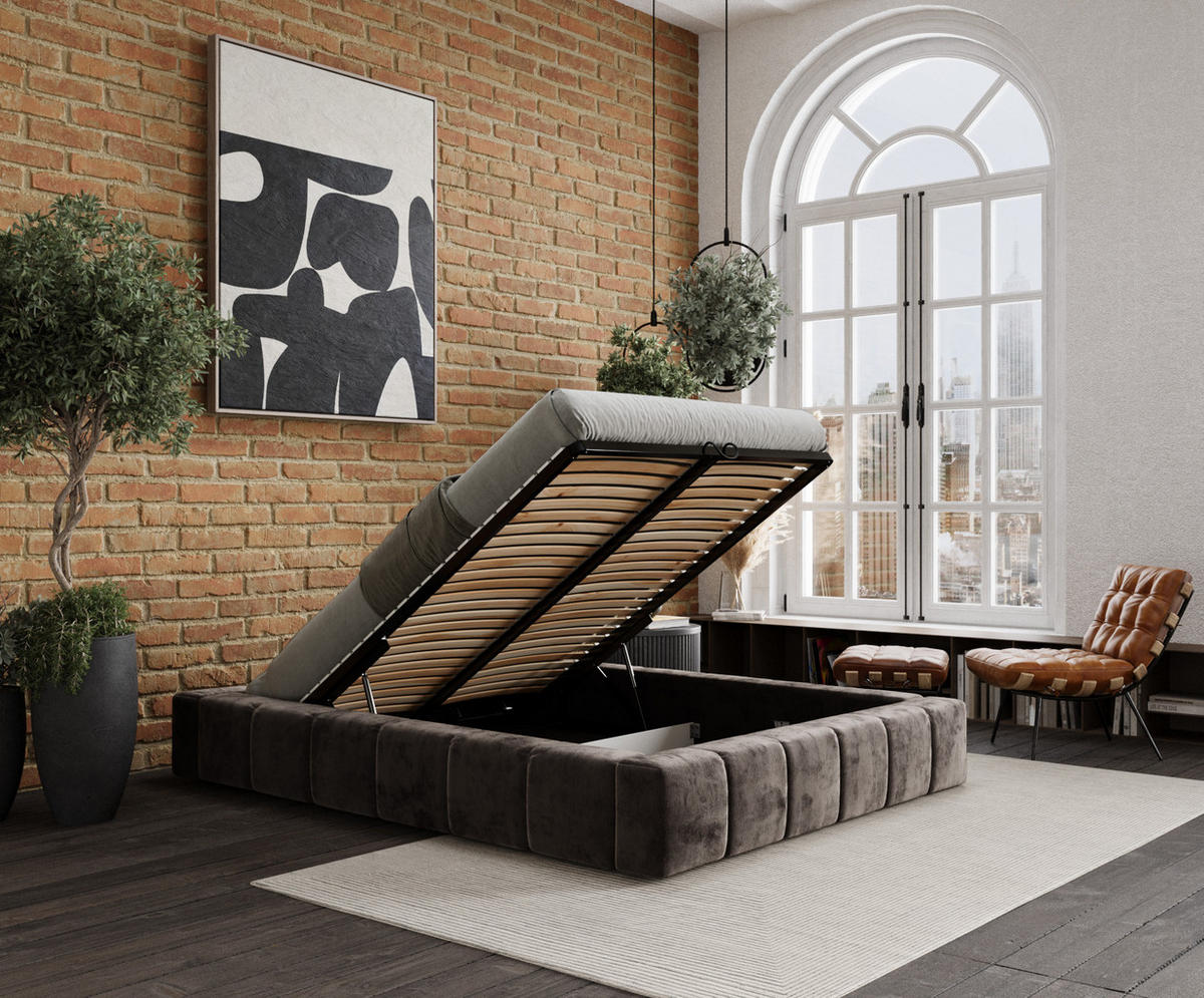 POLSTERBETT Aruba Braun 180/200 cm im Chenille-Stoff - Schwarz/Naturfarben, Holz/Holzwerkstoff (180/200cm) - Maison de Reve