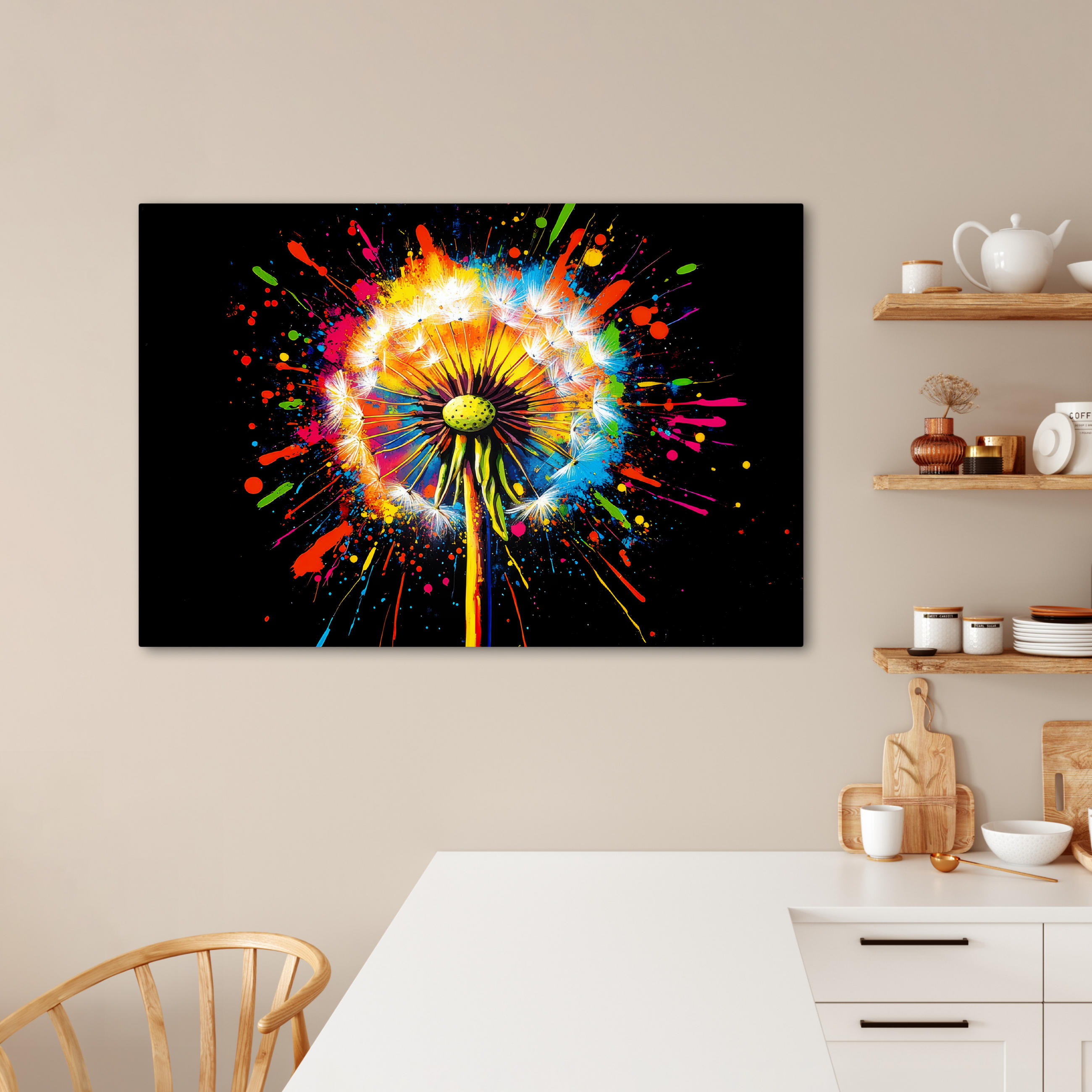 LEINWANDBILD Löwenzahn - Graffiti - Farbenfroh - Blumen - Natur Wohnzimmer 120x80 cm - Multicolor, Textil (120/80cm) - MuchoWow