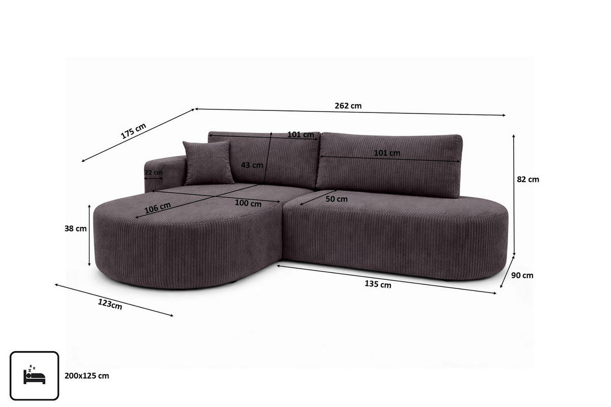 ECKSOFA Mit Schlaffunktion Und Bettkasten, Cordstoff Poso, Dunkelgrau, Links, ROUND ONE OPEN XL - Dunkelgrau, Holz (262/175cm) - Kaiser Möbel