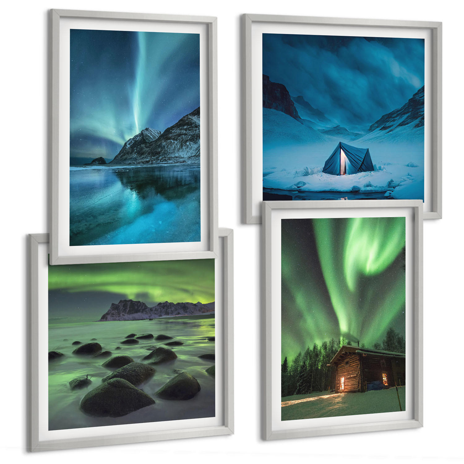 BILDER SET 4er Set - 50x50 cm & 40x60 cm Silberner Rahmen - Winterlandschaften, Nordlichter, Berge - Silberfarben, Kunststoff (50/50cm) - TULUP