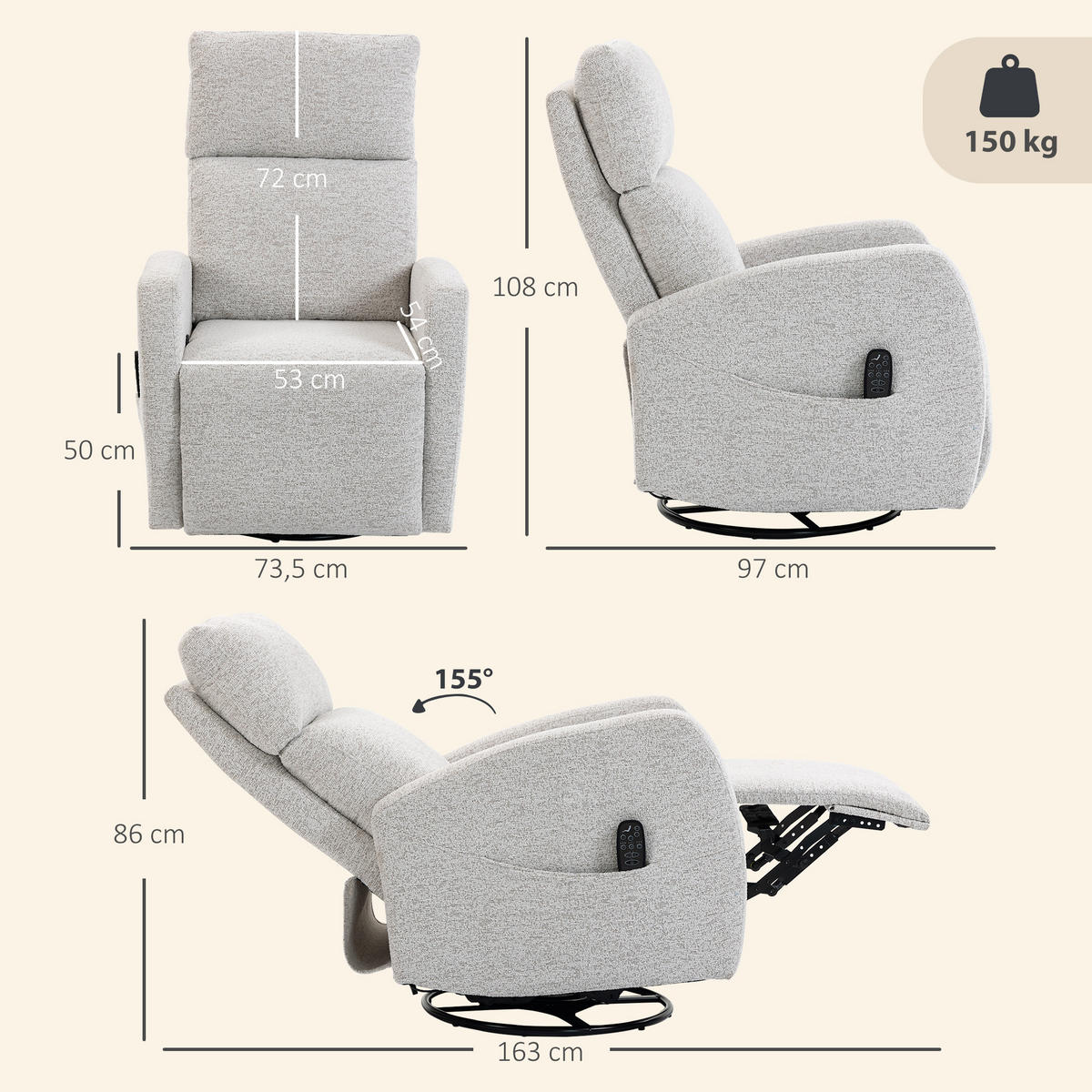 MASSAGESESSEL Creme mit Massagefunktion und Heizung 163/73,5/86 cm - Creme, Textil (163/86/73.5cm) - PANGIVO