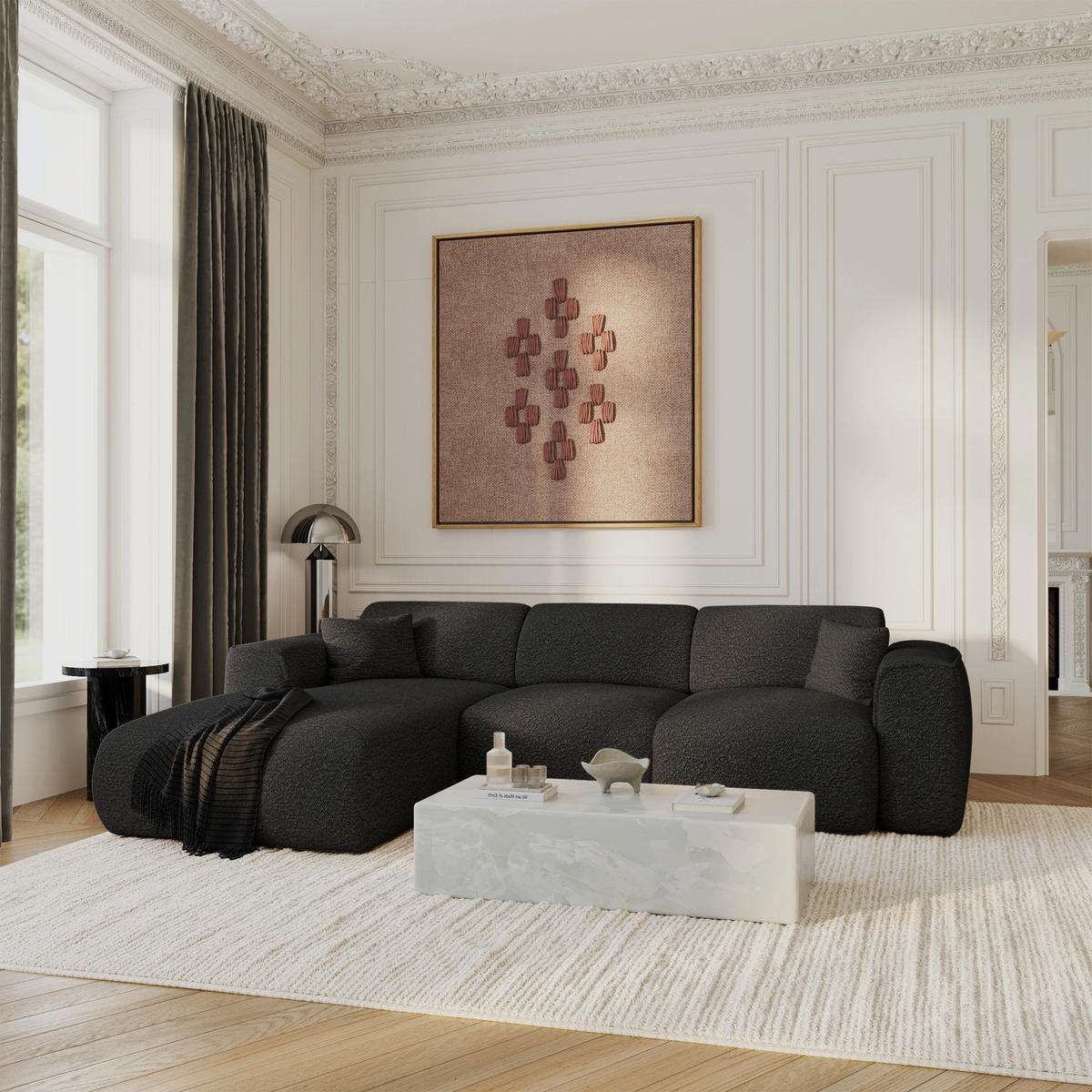 ECKSCHLAFSOFA Bouclé-Stoff Schwarz 283cm - Schwarz, Textil (283/180cm) - Sia Home