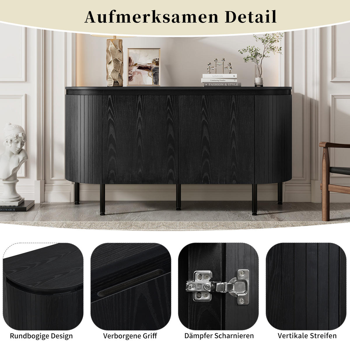 SIDEBOARD mit praktischem Stauraum - Schwarz, Holzwerkstoff (145/78/43cm) - Urban Meuble