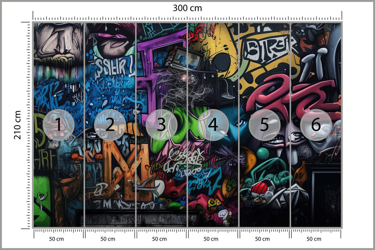 FOTOTAPETE für Jugendzimmer Bunte Graffiti Figura Schrift Abstrakt 300x210 - Blau/Pink, Papier (300/210cm) - Muralo