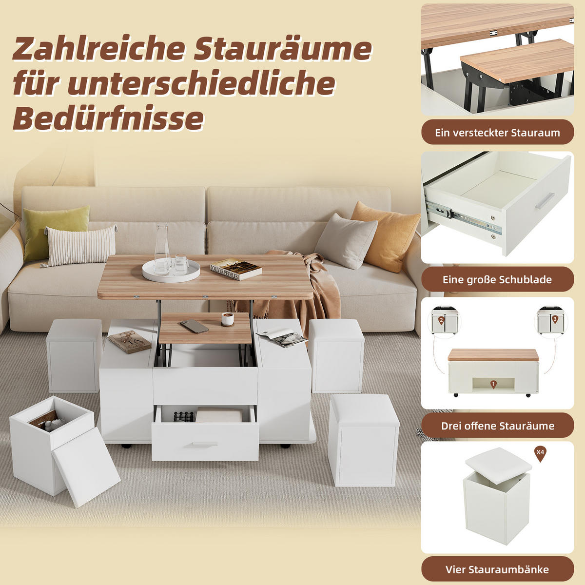 KLUB stolić 100/50/45 cm bijeli od iverice s podizanjem i 4 taburea - bijela, drvni materijal (100/50/45cm) - OKWISH