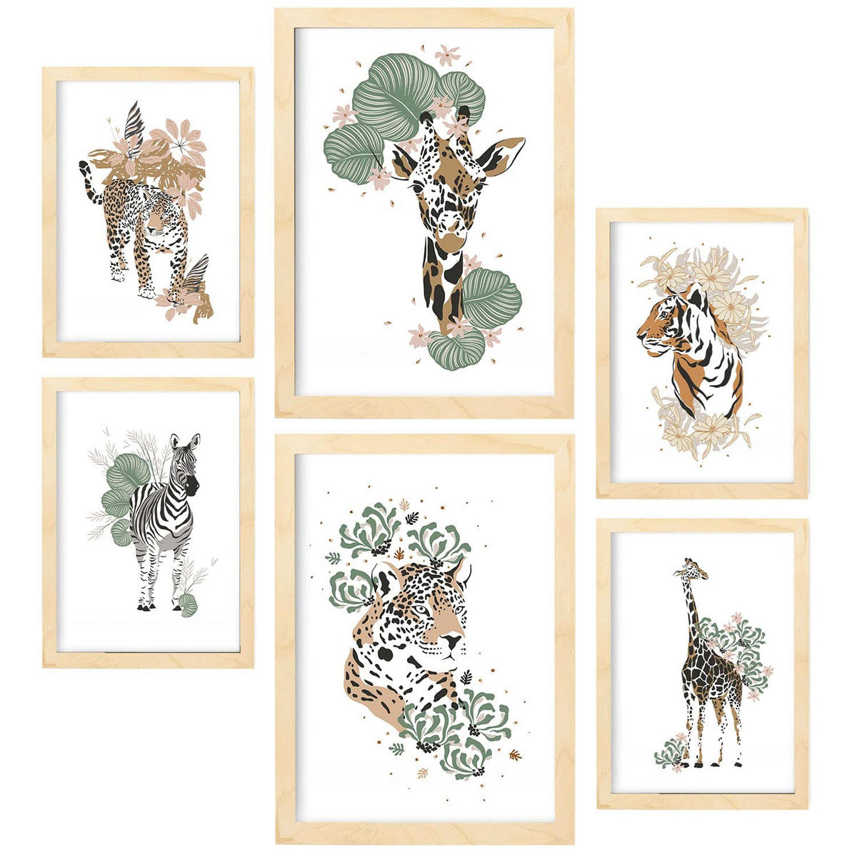 POSTER Set Mit 6 Dschungeltier Größe A3 & A4 Rahmen aus hellem Holz - Beige, Papier (29.7/1cm) - Nacnic