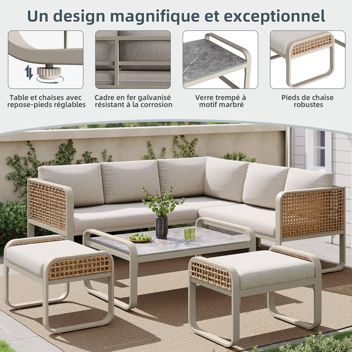 GARTEN-LOUNGE-SET Rattan Beige 6-tlg. - Beige, Metall - ComfortXL