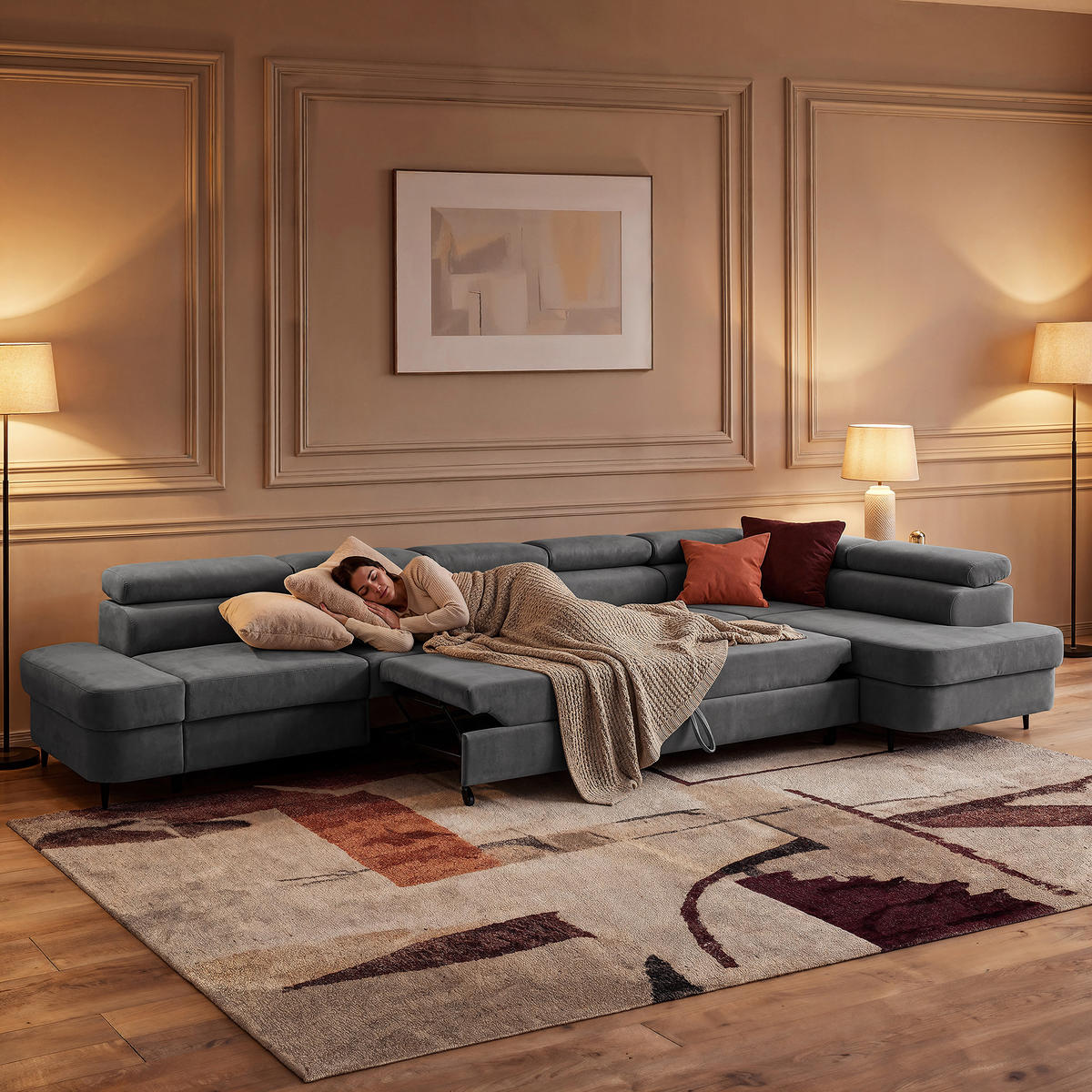 ECKSOFA PRIAM XXL L-Form Rechts mit Schlaffunktion 125x265 Velours Grau - Schwarz/Grau, Holz/Textil (420/203cm) - Muffo