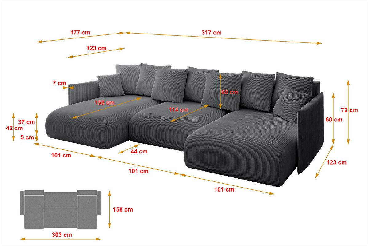 WOHNLANDSCHAFT mit Schlaffunktion und Bettkasten ONESK-U 317x177x72 Dunkelgrau Cord - Dunkelgrau, Holzwerkstoff/Kunststoff (317/72/177cm) - ALTDECOR