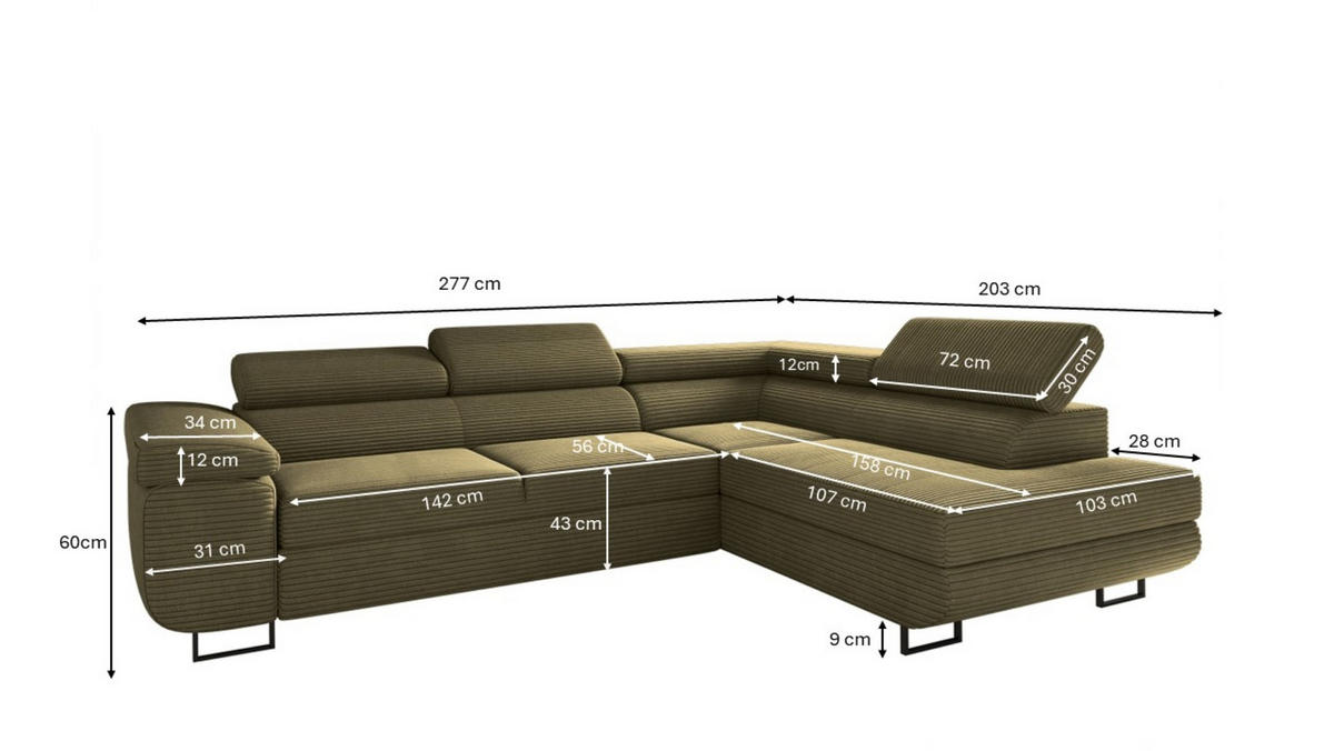 ECKSOFA ATOMIC Mit Schlaffunktion, Stoff Poso, Olive, Rechts - Olivgrün, Holz (277/203cm) - Kaiser Möbel