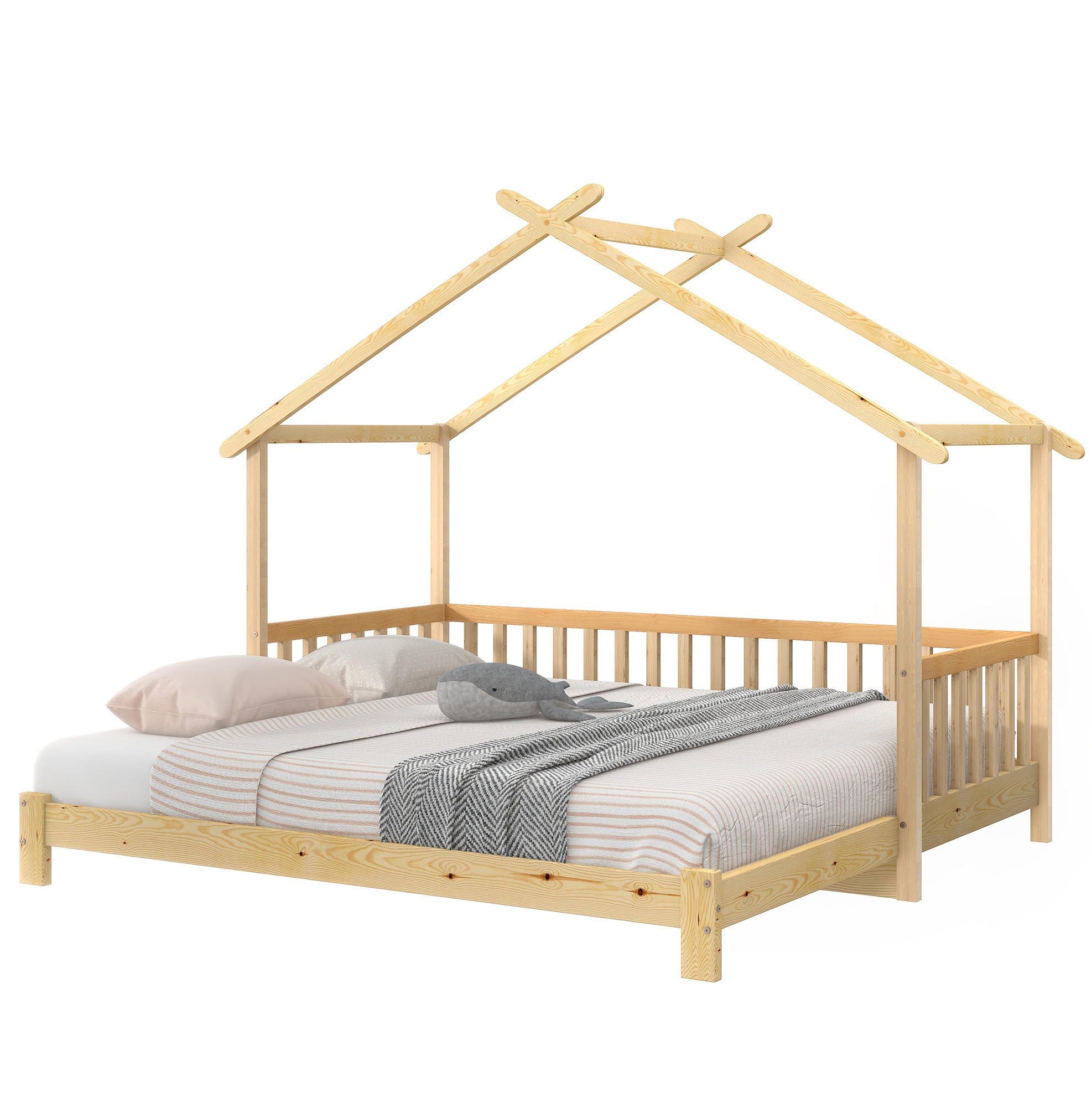 Redom DĚTSKÁ postel 200/90-200/180 cm s výsuvnou funkcí, domečkovým rámem a třístranným zábradlím, Přírodní