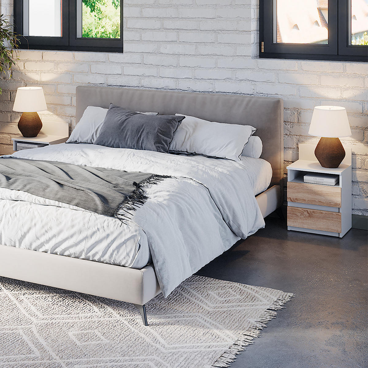 NACHTTISCH Monty Weiß/Sonoma 32.3 x 59.1 cm mit 2 Schubladen - Weiß/Sonoma Eiche, Holzwerkstoff (32.3/59.1/39.6cm) - Vicco