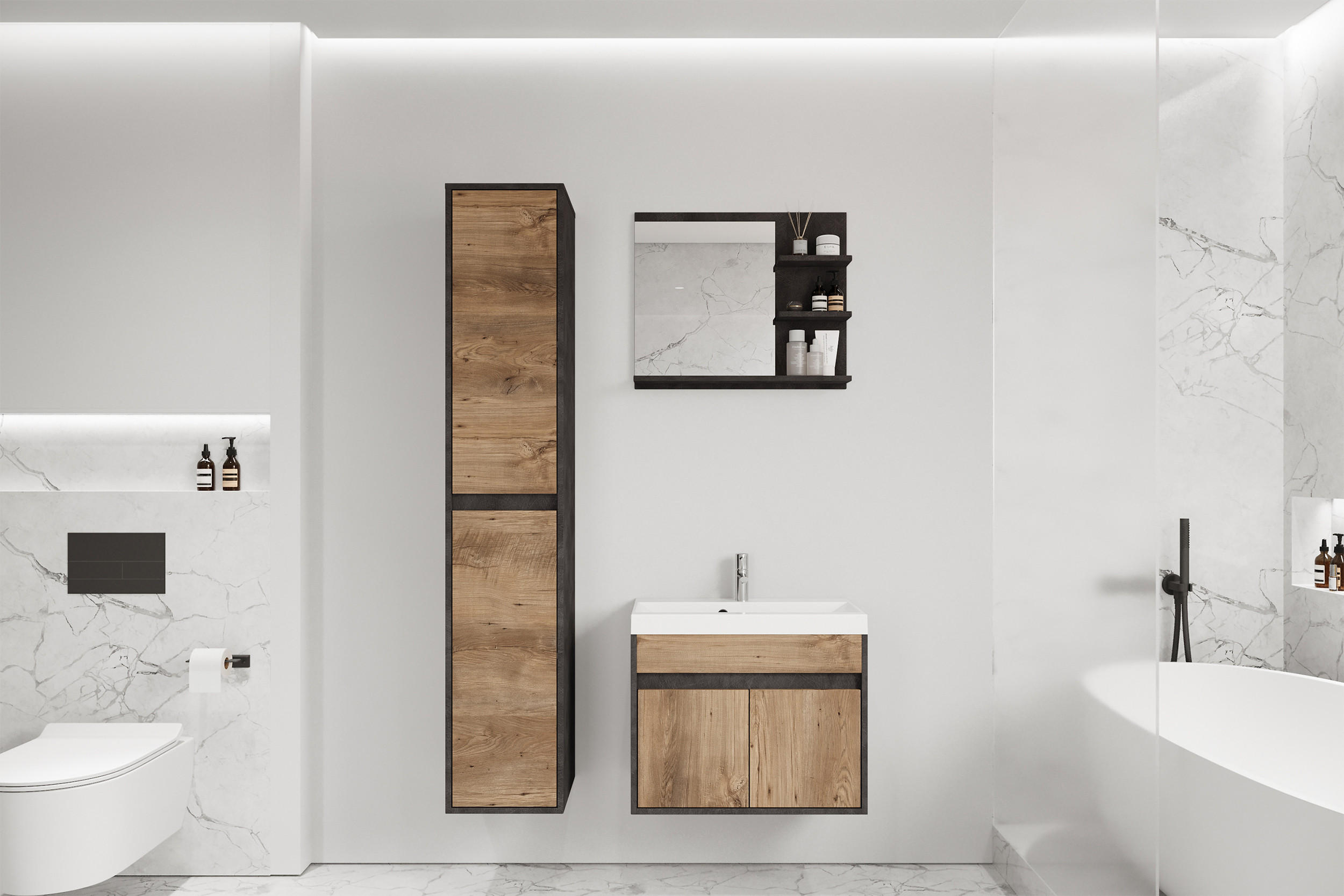 BADEZIMMERMÖBEL-SET Luani Matera / Kastanie - Beige/Schwarz, Holzwerkstoff (90.2/160/34.5cm) - Selsey