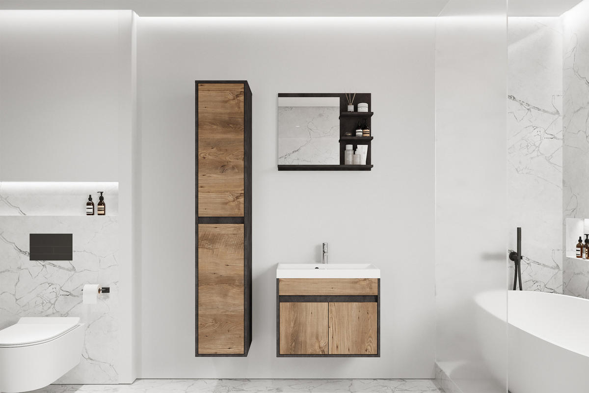 BADEZIMMERMÖBEL-SET Luani Matera / Kastanie - Beige/Schwarz, Holzwerkstoff (90.2/160/34.5cm) - Selsey