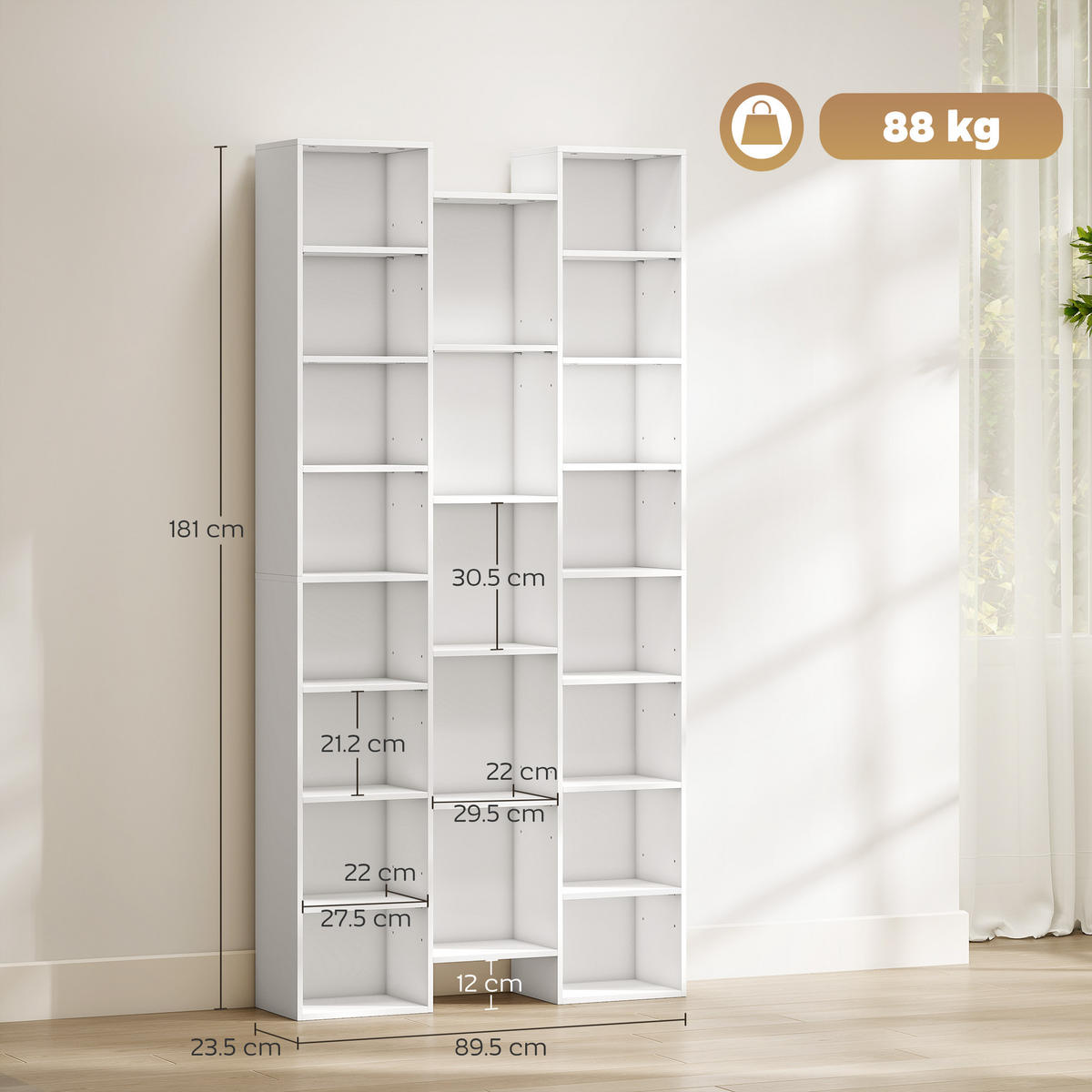 BÜCHERREGAL,21 Fächer 10 verstellbare Böden 181cm hoch,weiß - Weiß, Kunststoff (89.5/181/23.5cm) - Vallsero