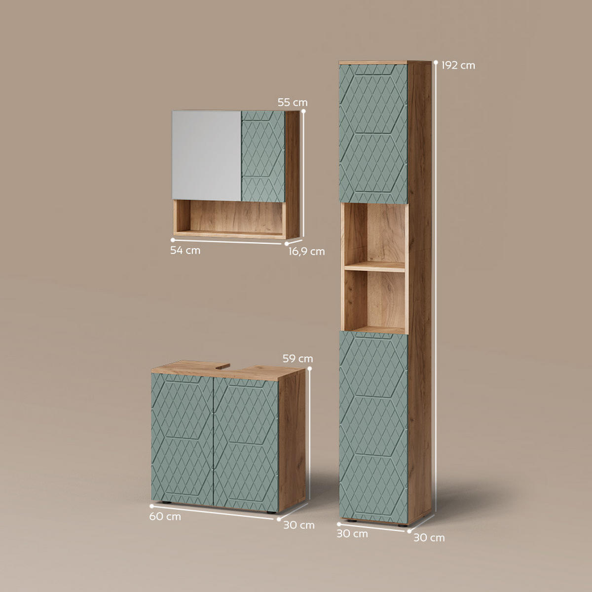 BADMÖBEL-SET Ronco Grün/Goldkraft Eiche 3 Teile, mit Hochschrank - Honigeiche/Grün, Holzwerkstoff (60/59/30cm) - Livinity®