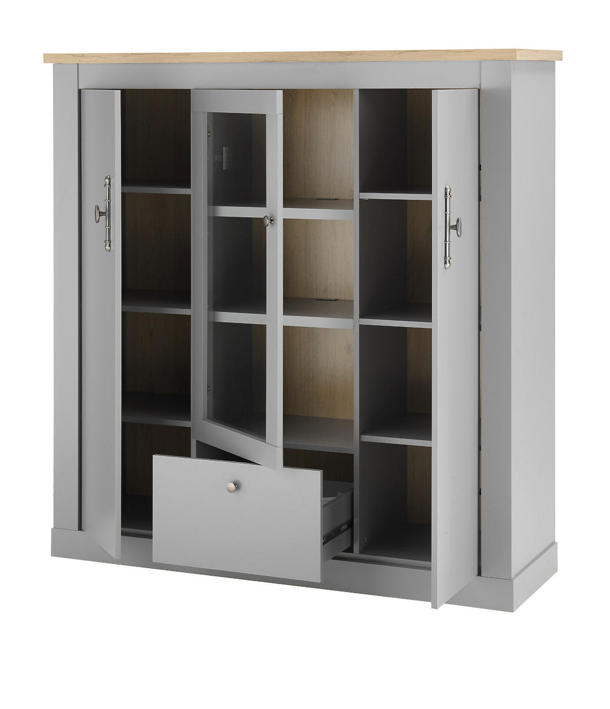 HIGHBOARD grau, Artisan Eiche Landhaus 138 cm, Vitrine mit 11 Fächern - Silberfarben/Hellgrau, Glas/Holzwerkstoff (138/142/44cm) - Furn.Design