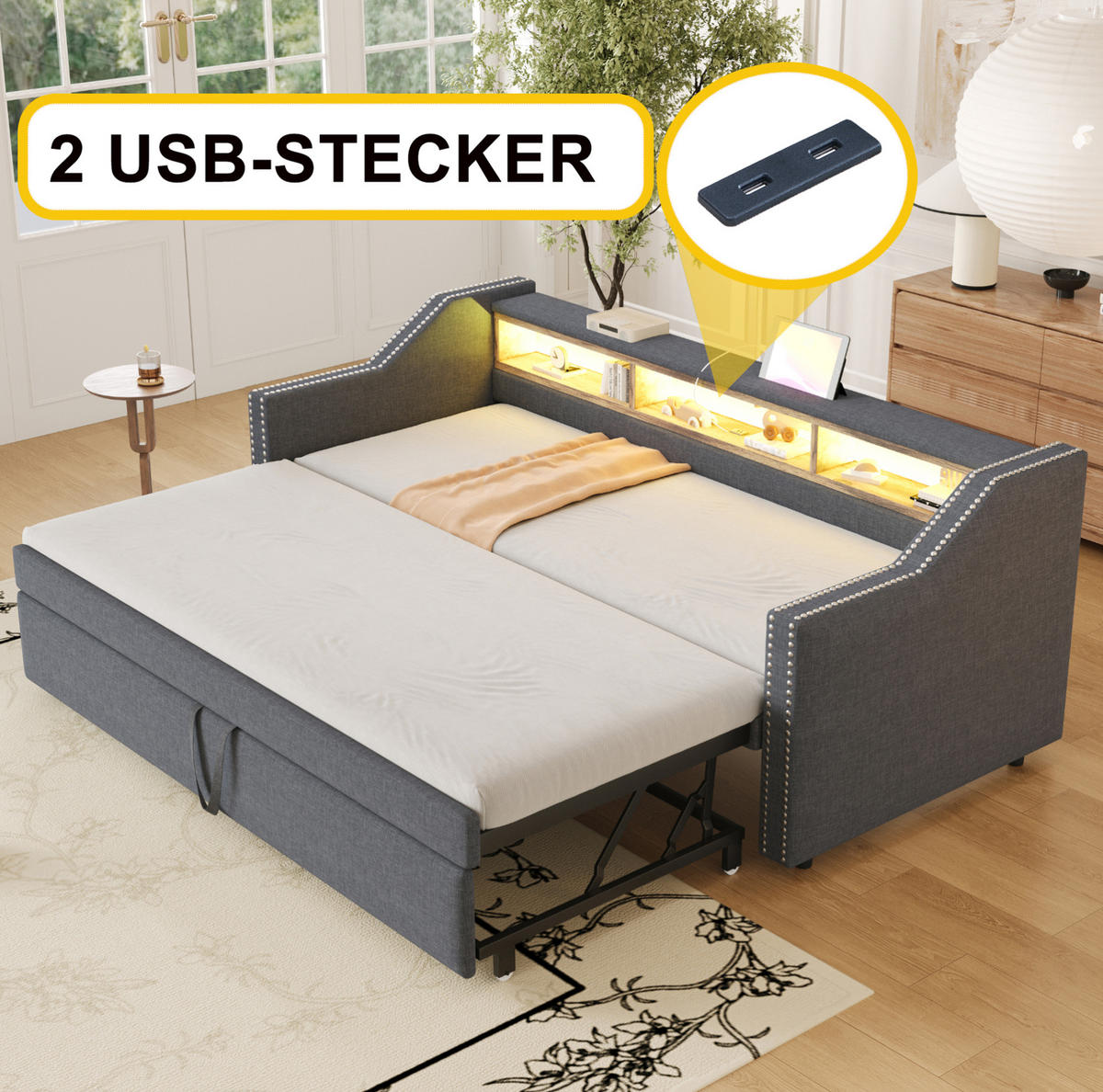 BETT 90/180/190 cm Dunkelgrau aus Leinenstoff mit Bett, LED und USB - Dunkelgrau, Textil (90/190cm) - OKMYHOME