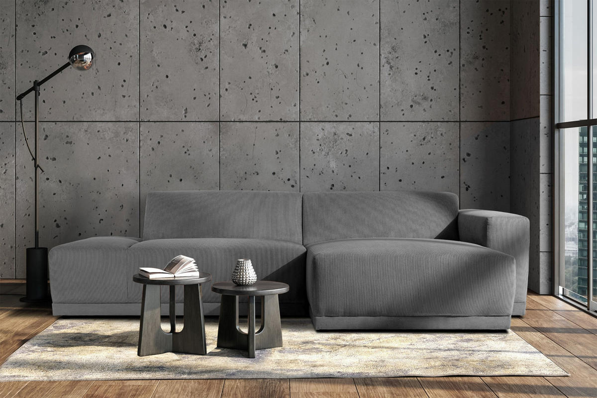 ECKSOFA-RECHTS MUDI in moderner Optik mit hochwertigem Kaltschaum, Cord-Stoff, grau - Schwarz/Grau, Textil (280/160cm) - KONSIMO®