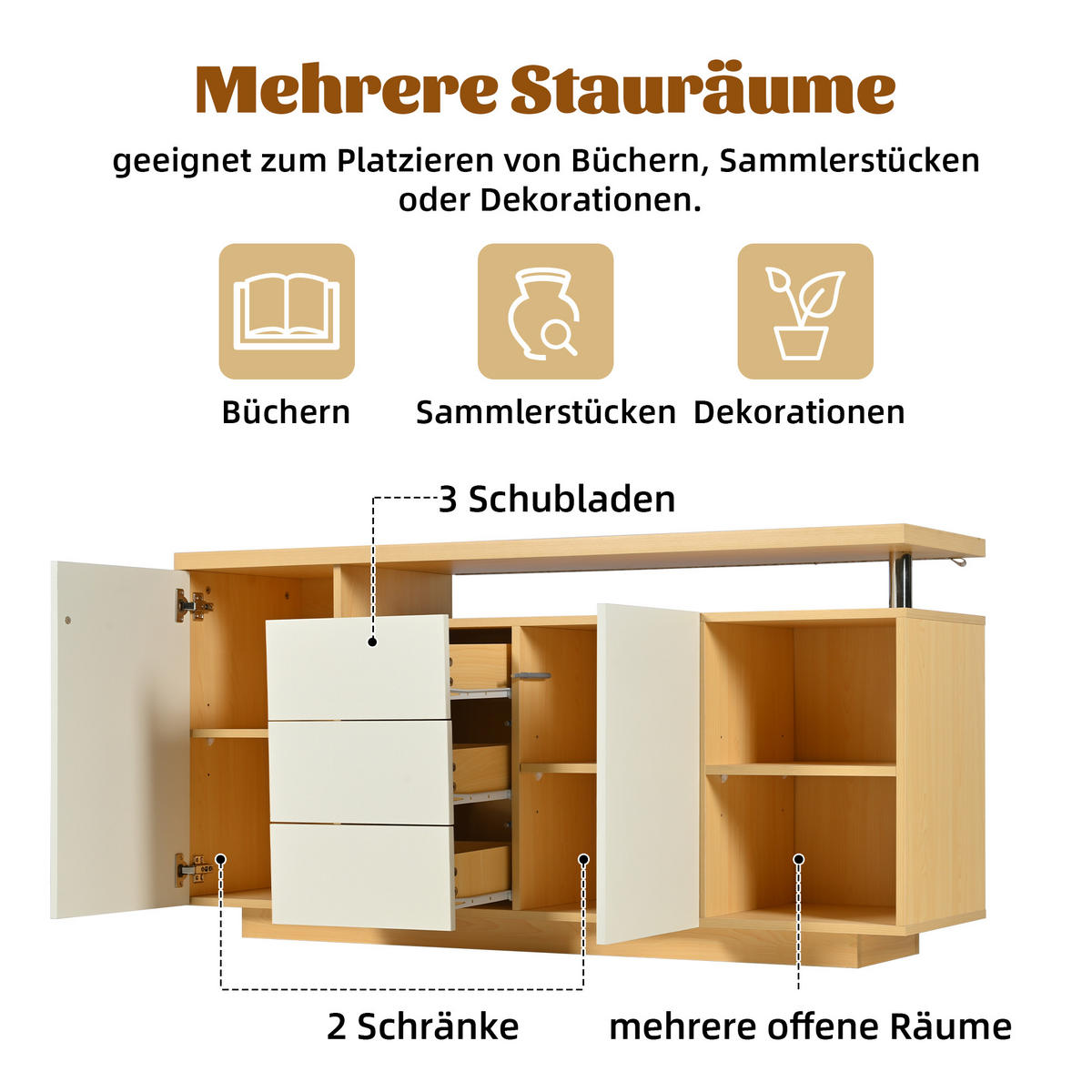 SIDEBOARD LED Weiß Holz 2 Türen 3 Schubladen 140cm Multifunktion - Multicolor, Holzwerkstoff (40/70/140cm) - FLIEKS