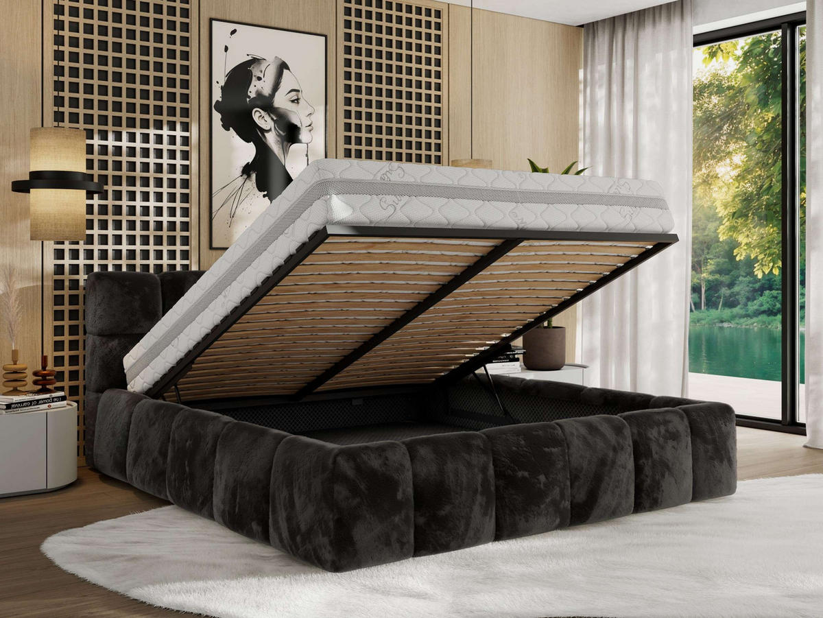 POLSTERBETT NIRA CLASSIC 180/200 - Dunkelgrau Plüsch - Schaum-Matratze - Dunkelgrau, Textil (180/200cm) - MKS