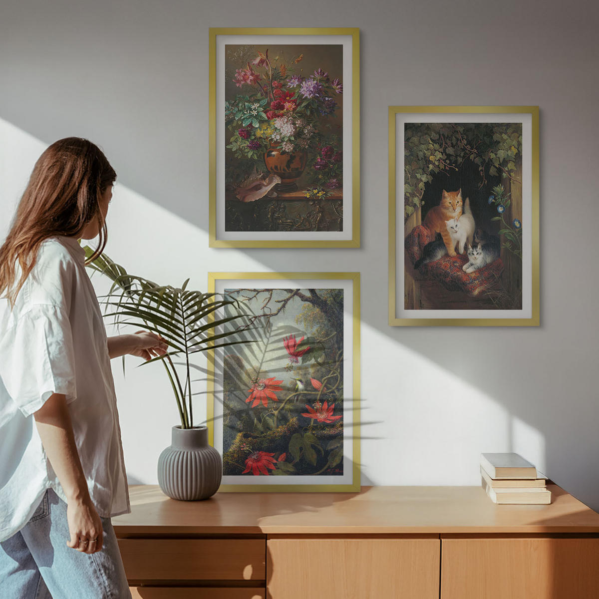 WANDBILDER 3er Set - 40x60 cm Goldrahmen - Vintage-Blumen, Katzen, Natur - Goldfarben, Kunststoff (40/60cm) - ArtPrintCave