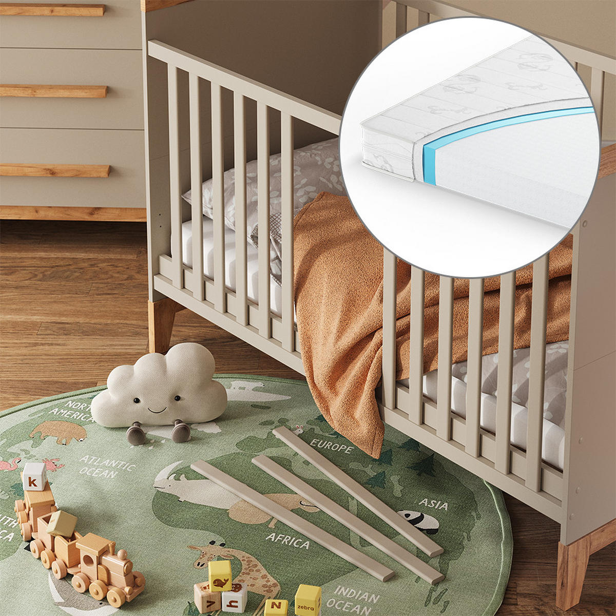 DĚTSKÁ POSTÝLKA Malia Kašmír/Řemeselné - kašmírová/světle šedá, kompozitní dřevo - VitaliSpa