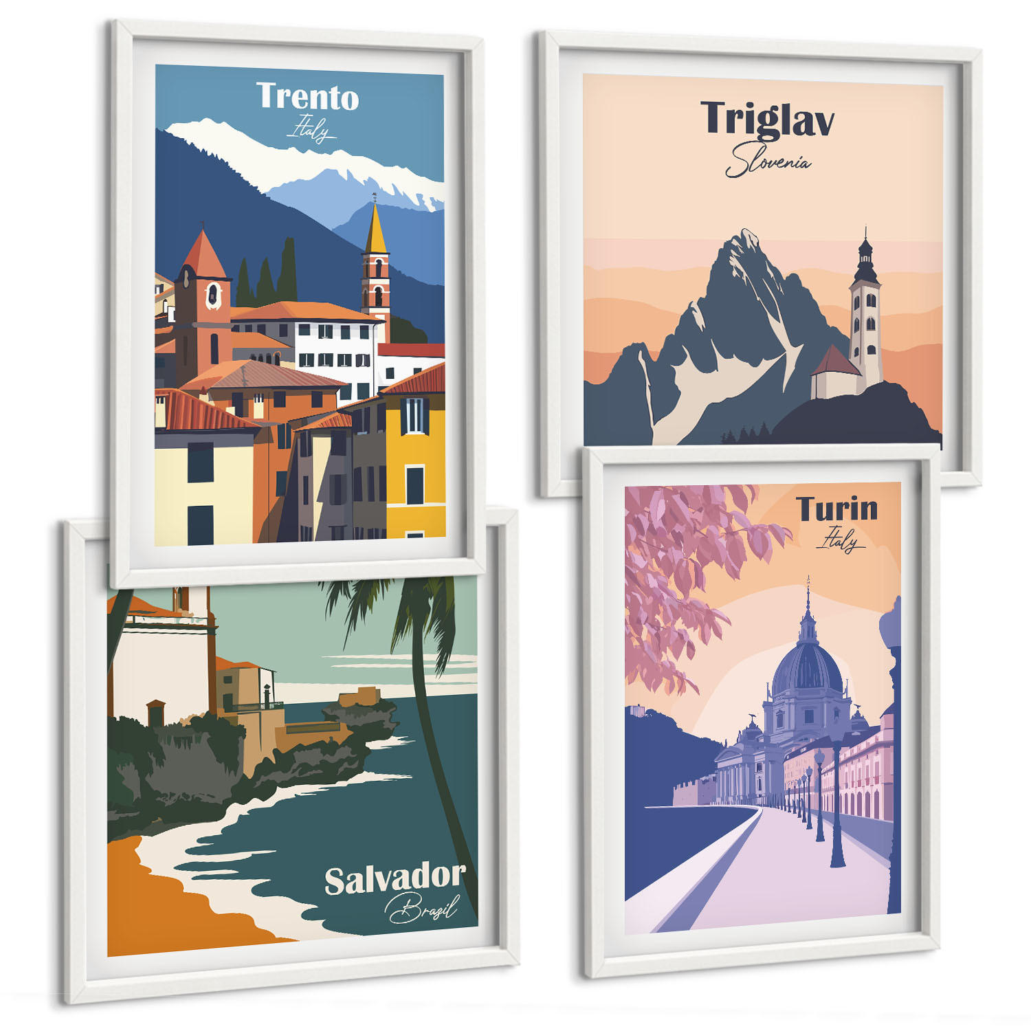 BILDER SET 4er Set - 50x50 cm & 40x60 cm Weißer Rahmen - Illustrationen zur Retro-Architektur der Berge - Weiß, Kunststoff (50/50cm) - TULUP