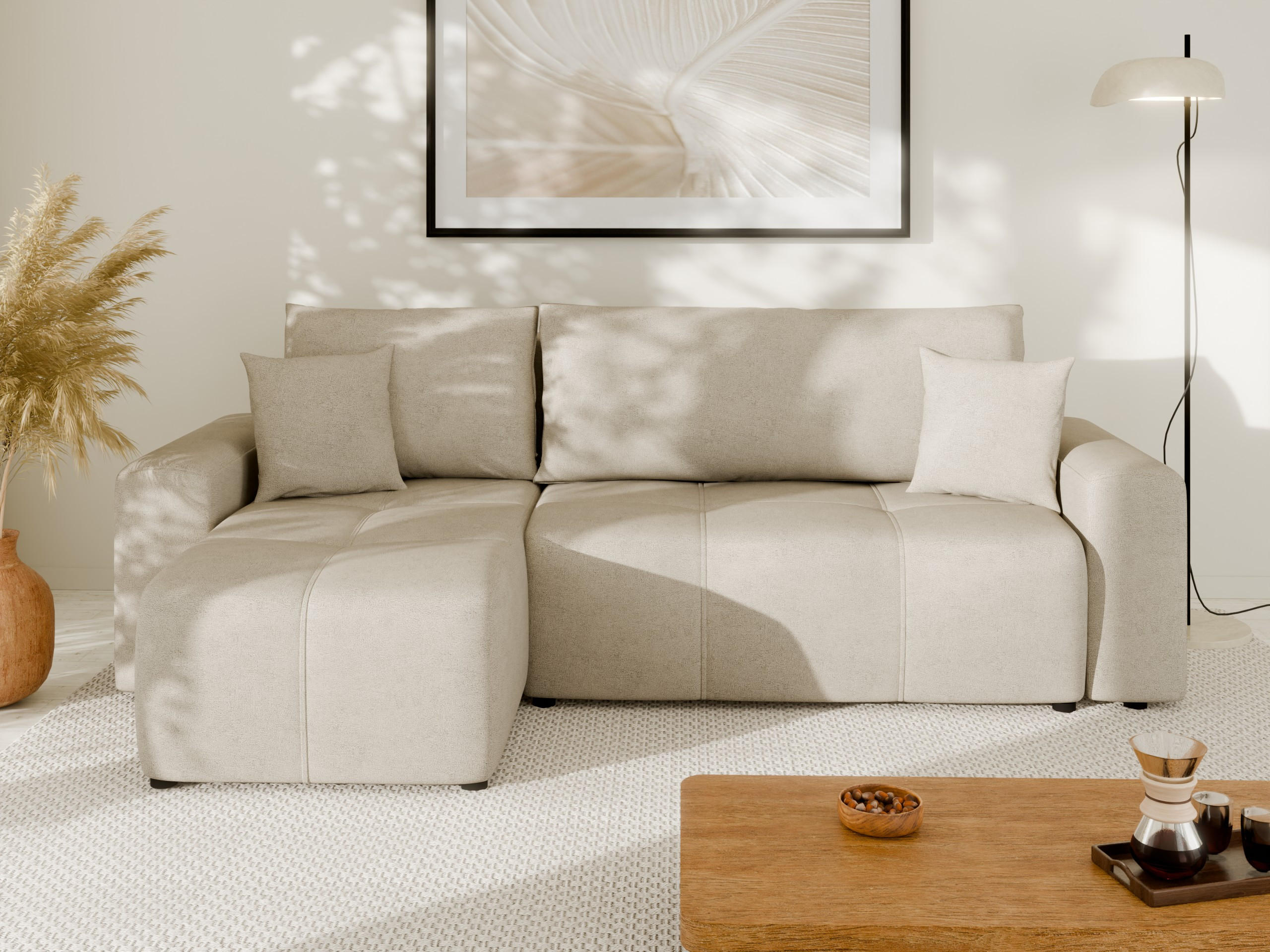 ECKSOFA Nolani mit Schlaffunktion & Bettkasten – Modern & Bequem - Creme, Kunststoff (248/145cm) - Panda Möbel