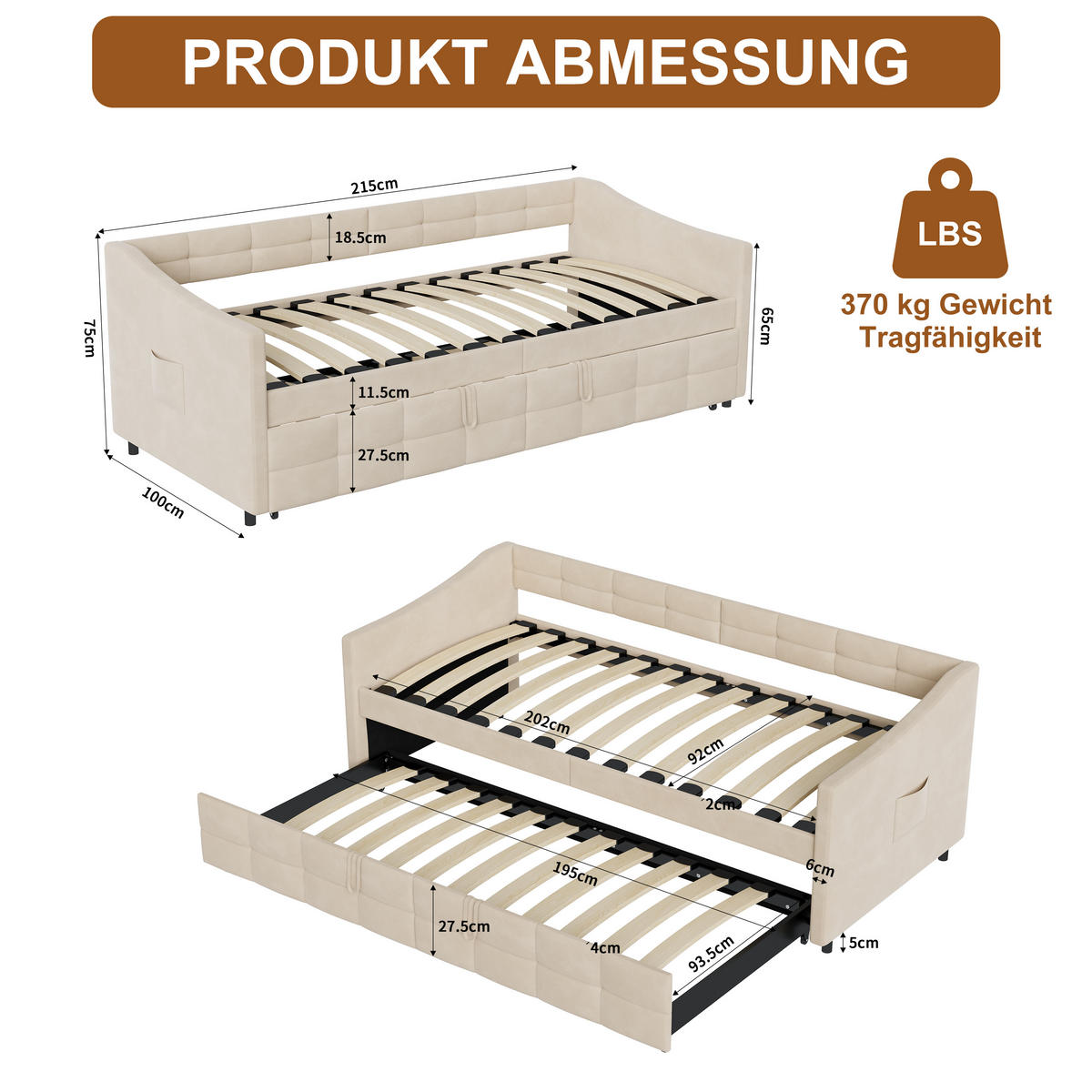 POLSTERBETT 90/200 cm Beige mit Ausziehbett - Beige, Metall (90/200cm) - EuroLiving
