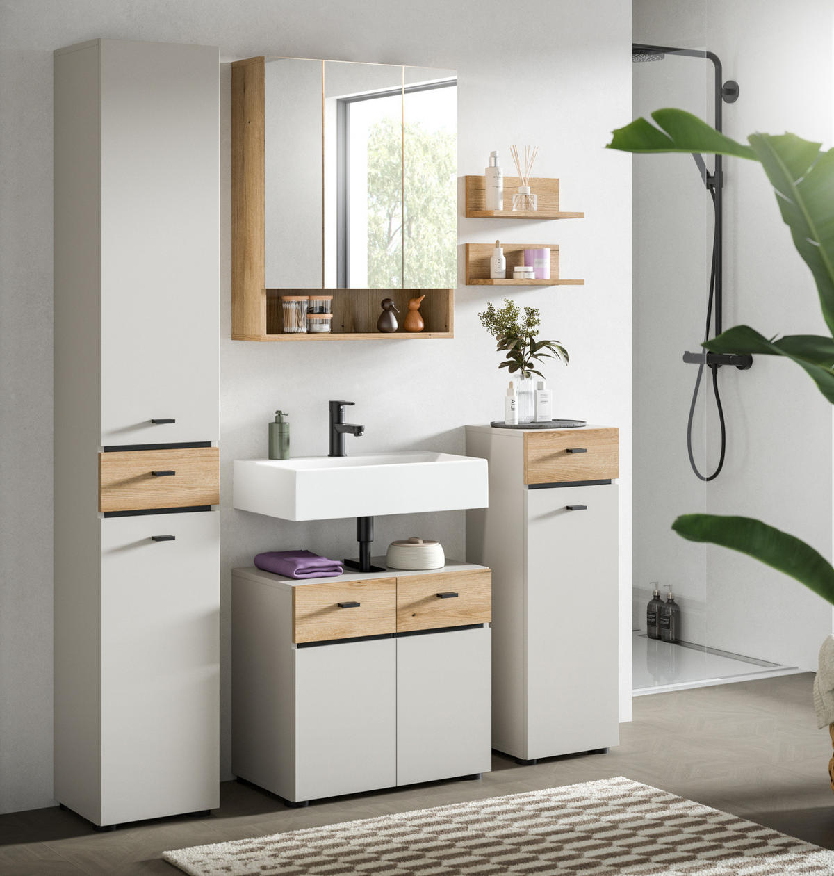 BADMÖBEL-SET Kaschmir, Evoke Eiche 2-teilig 60 cm, Badkombination in modernem Design - Kaschmir/Eichefarben, Glas/Holzwerkstoff (60/191/35cm) - Inn.Furn