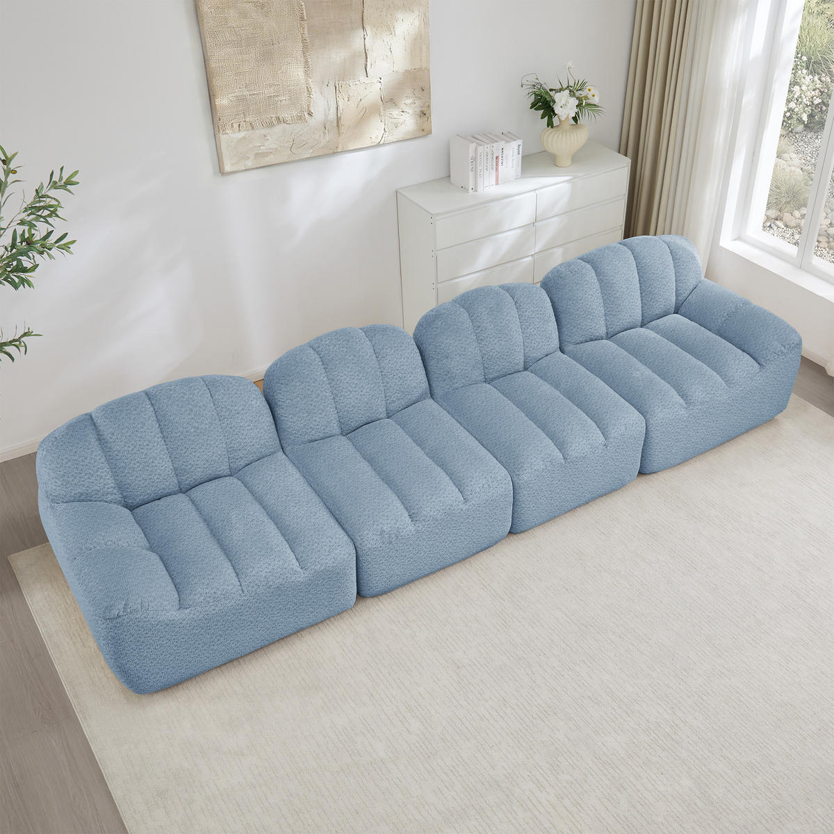 4-SITZER Sofa 366x104x79 cm aus granuliertem Fleece rahmenlos modular, blau - Blau, Textil (104/79/366cm) - Luhomfu