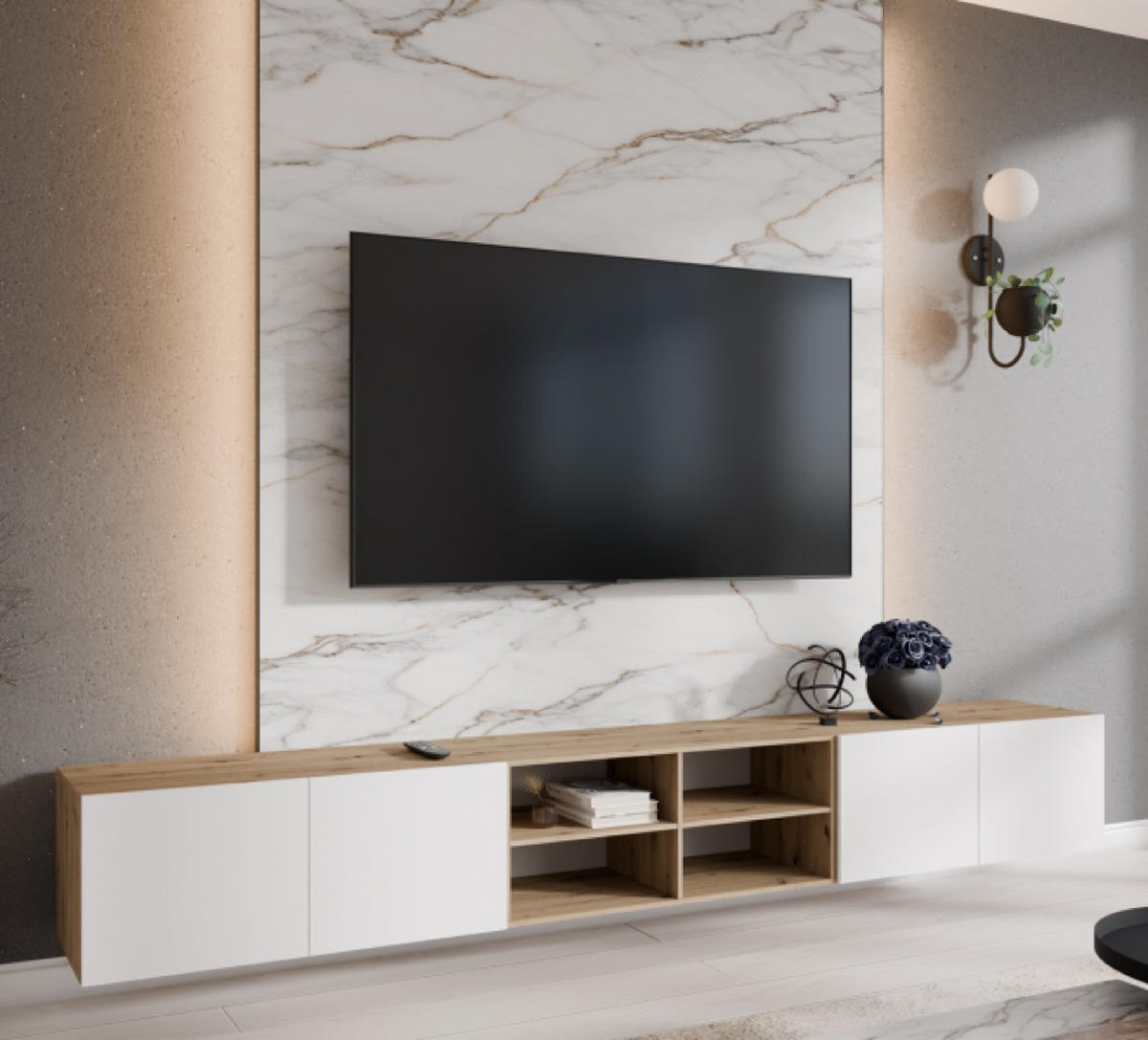 TV-SCHRANK Weiß LION Offene Mit Regalen 300 cm - Weiß, Holzwerkstoff (300/41/40cm) - Sepro Meble
