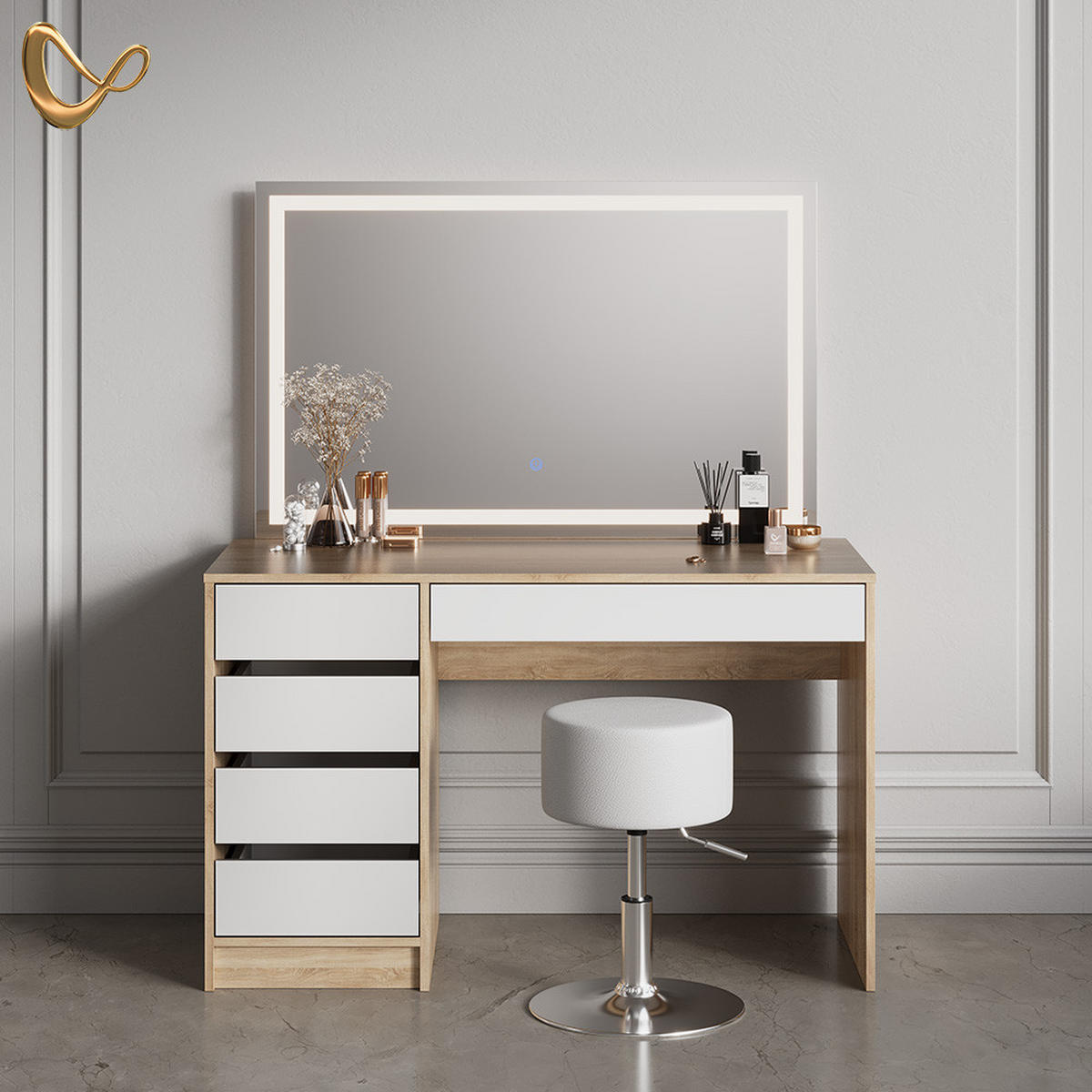 SCHMINKTISCH Imola Weiß/Sonoma mit LED-Spiegel und Hocker - Weiß/Sonoma Eiche, Holzwerkstoff (120/75/55cm) - Livinity®