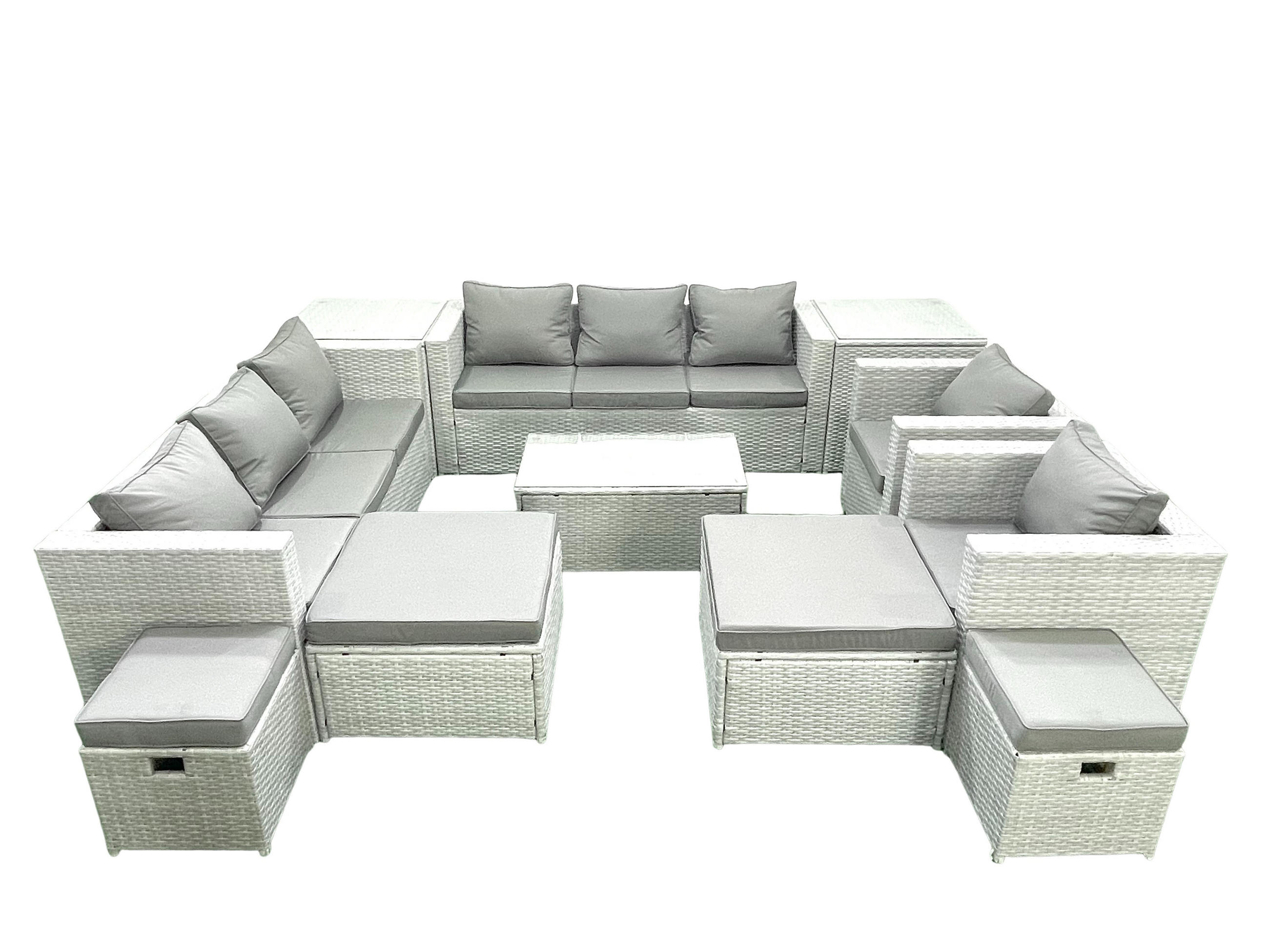 GARTENSET mit 3-SITZER SOFA,COUCHTISCH Polyrattan Hellgrau-Mix 12-Sitzer - Hellgrau/Grau, Glas/Kunststoff - Fimous