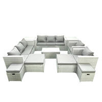 GARTENSET mit 3-SITZER SOFA,COUCHTISCH Polyrattan Hellgrau-Mix 12-Sitzer - Hellgrau/Grau, Glas/Kunststoff - Fimous