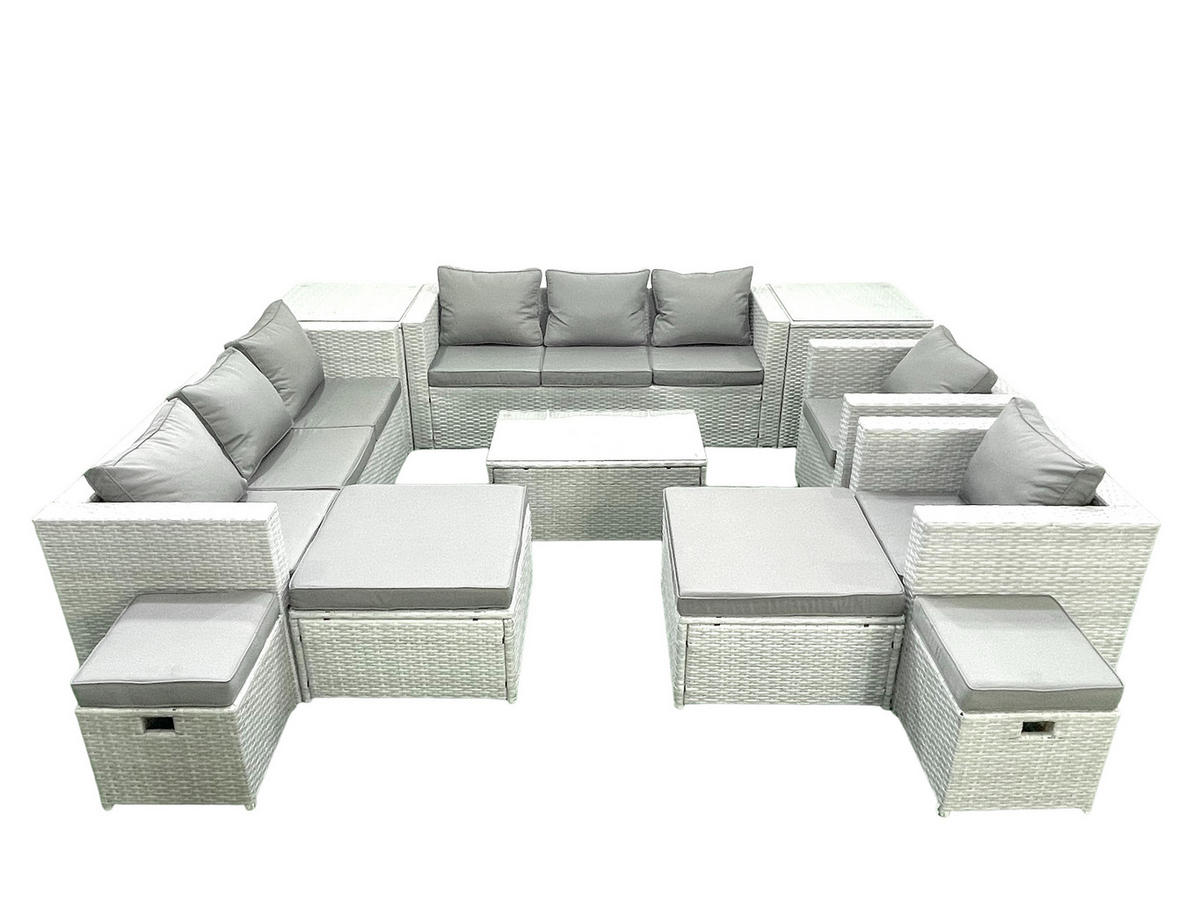 GARTENSET mit 3-SITZER SOFA,COUCHTISCH Polyrattan Hellgrau-Mix 12-Sitzer - Hellgrau/Grau, Glas/Kunststoff - Fimous