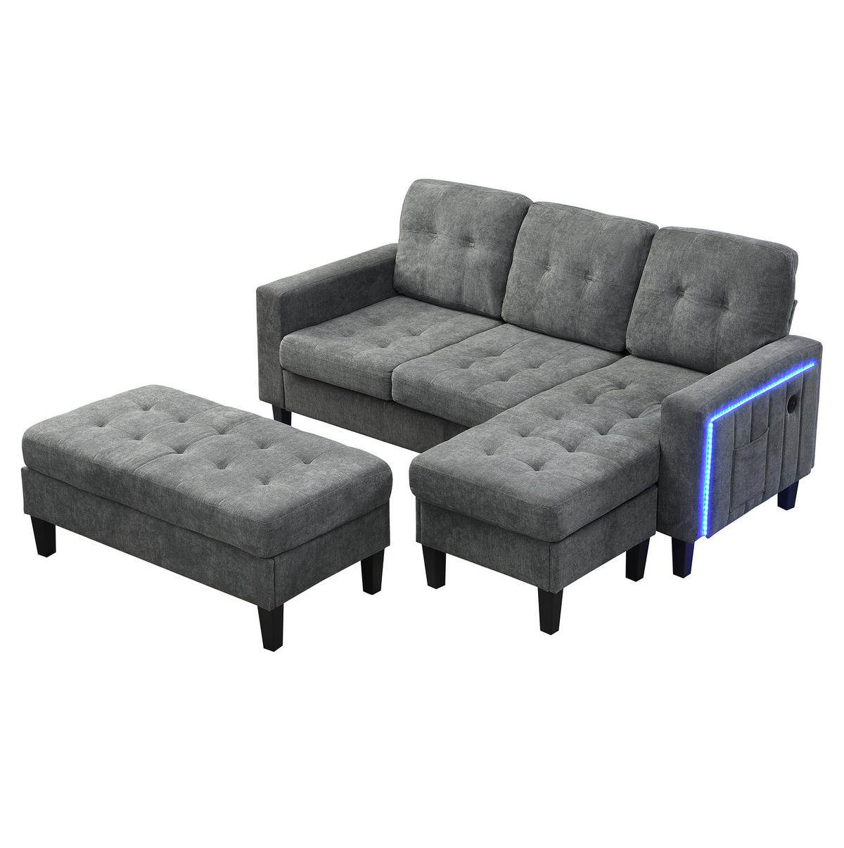ECKSOFA 185/135/85 cm mit Schlaffunktion Antique Gray aus Chenille mit LED und USB - Grau, Kunststoff (135/185cm) - OKWISH