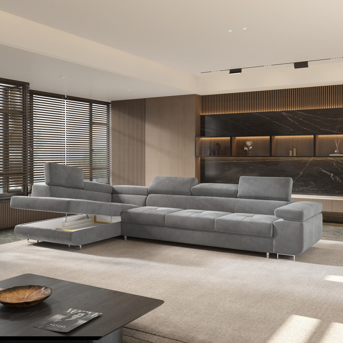 ECKSOFA VICENTE Grau Velours-Stoff mit Schlaffunktion - Grau, Holz (346/202cm) - MASSENO