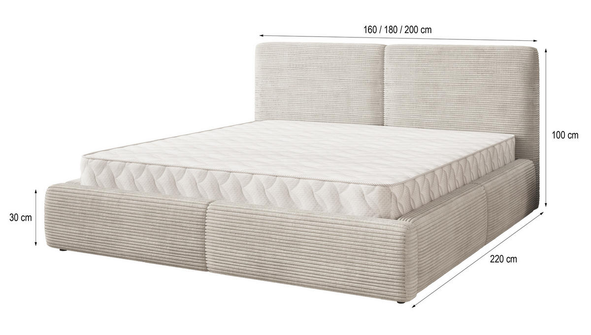 POLSTERBETT FELURO 160x200 cm mit Bettkästen - Hellgrau - Hellgrau, Holz (160/200cm) - MASSENO