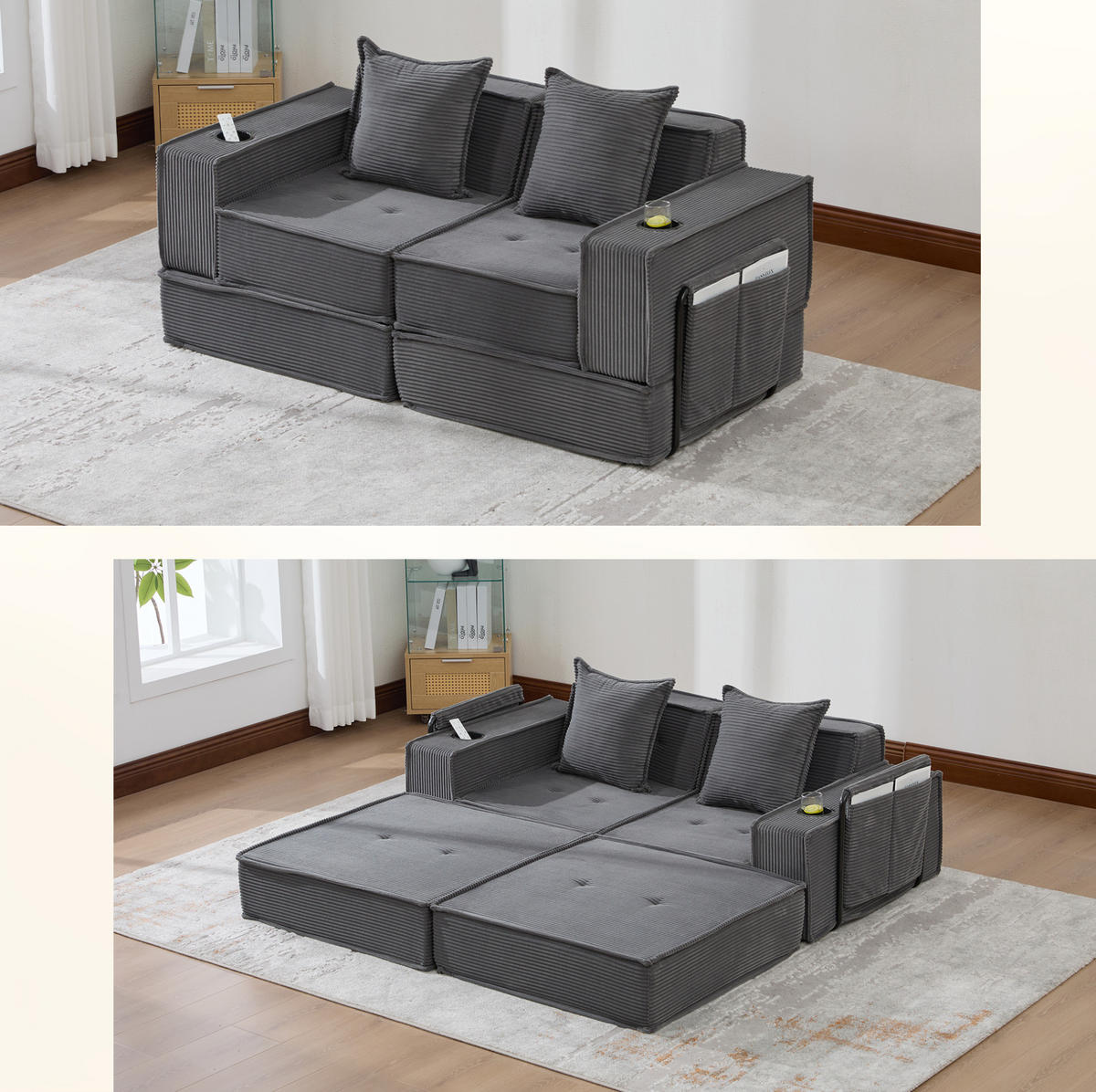 PUFOVÉ sofa 162/78/66 cm tmavě šedá z manšestru s bočními kapsami a dvěma polštáři - tmavě šedá, textil (78/66/162cm) - OKWISH