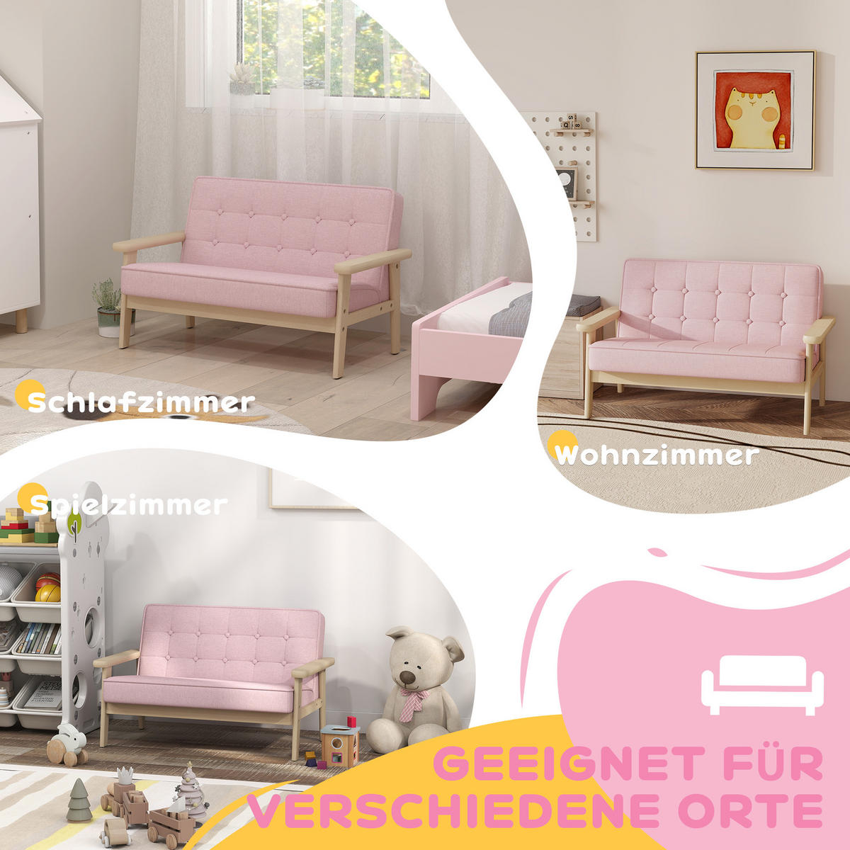 KINDERSESSEL Kindersofa gepolsterter Kinderstuhl mit Holzrahmen Samtoptik - Rosa/Naturfarben, Holz/Textil (42/48/77cm) - AIYAPLAY