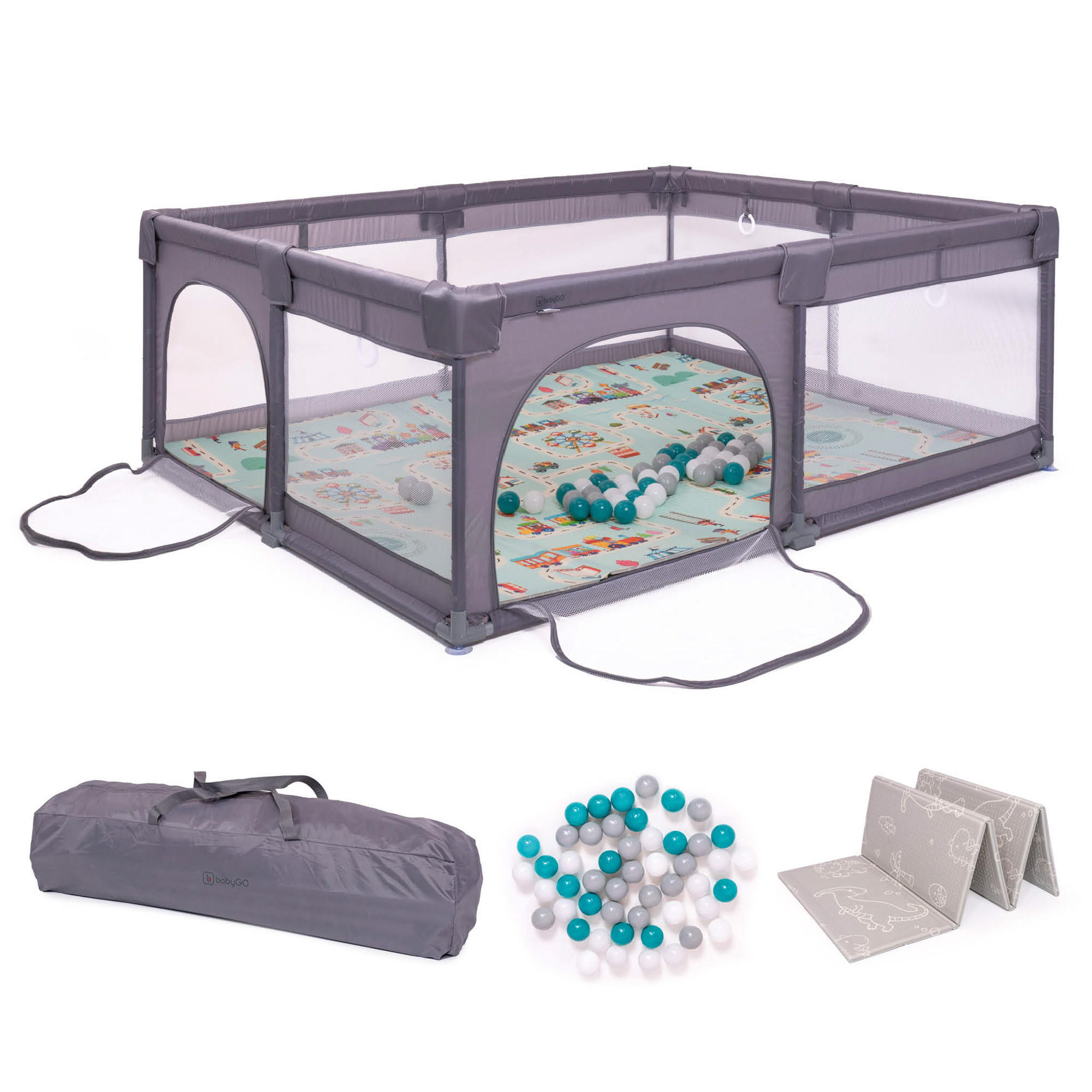 LAUFGITTER Playpark 2 inkl. Spielmatte und 48 Bälle - Grau, Metall (150/68/180cm) - BabyGo