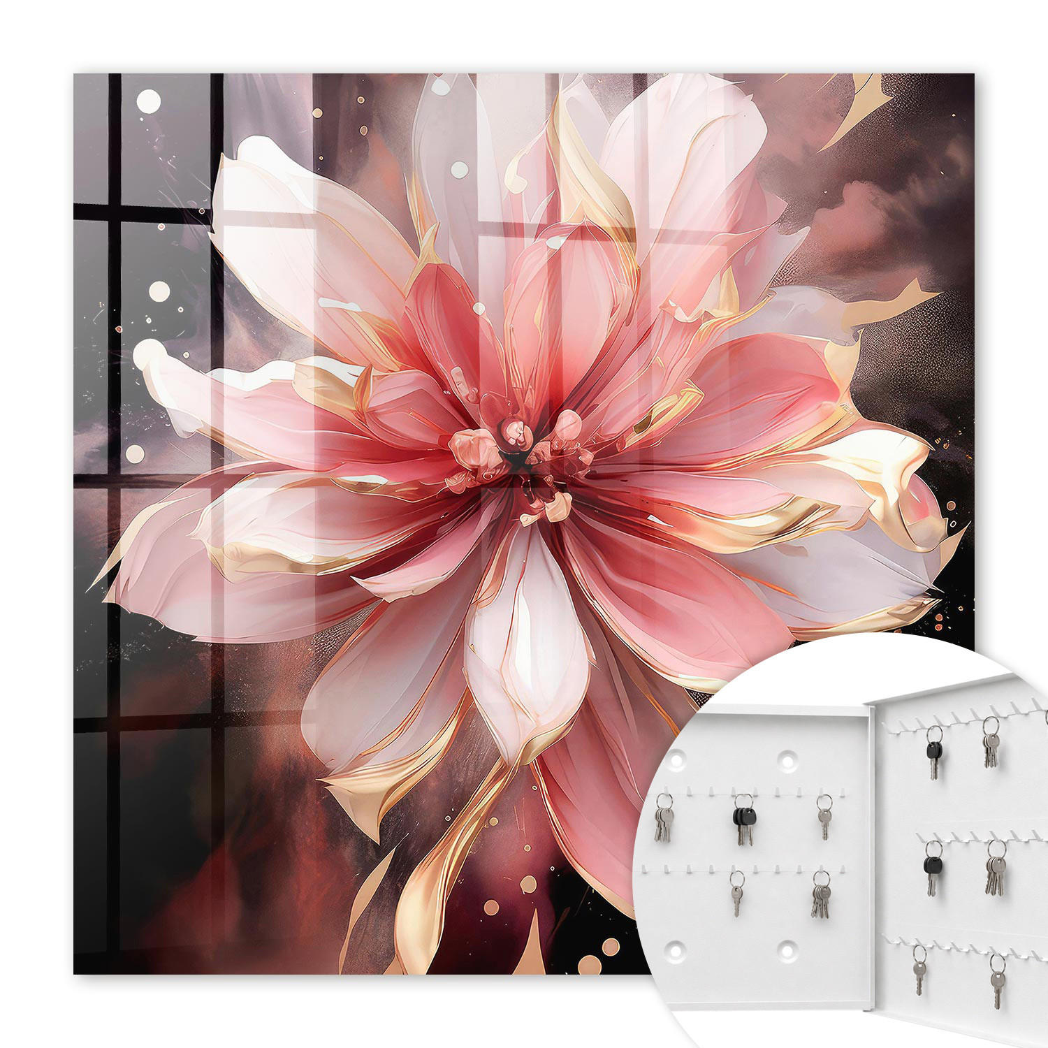SCHLÜSSELBOX Weiß 30x30 cm – Türöffnung nach rechts - Rosa Blume - Pink, Metall (30/30/5cm) - TULUP